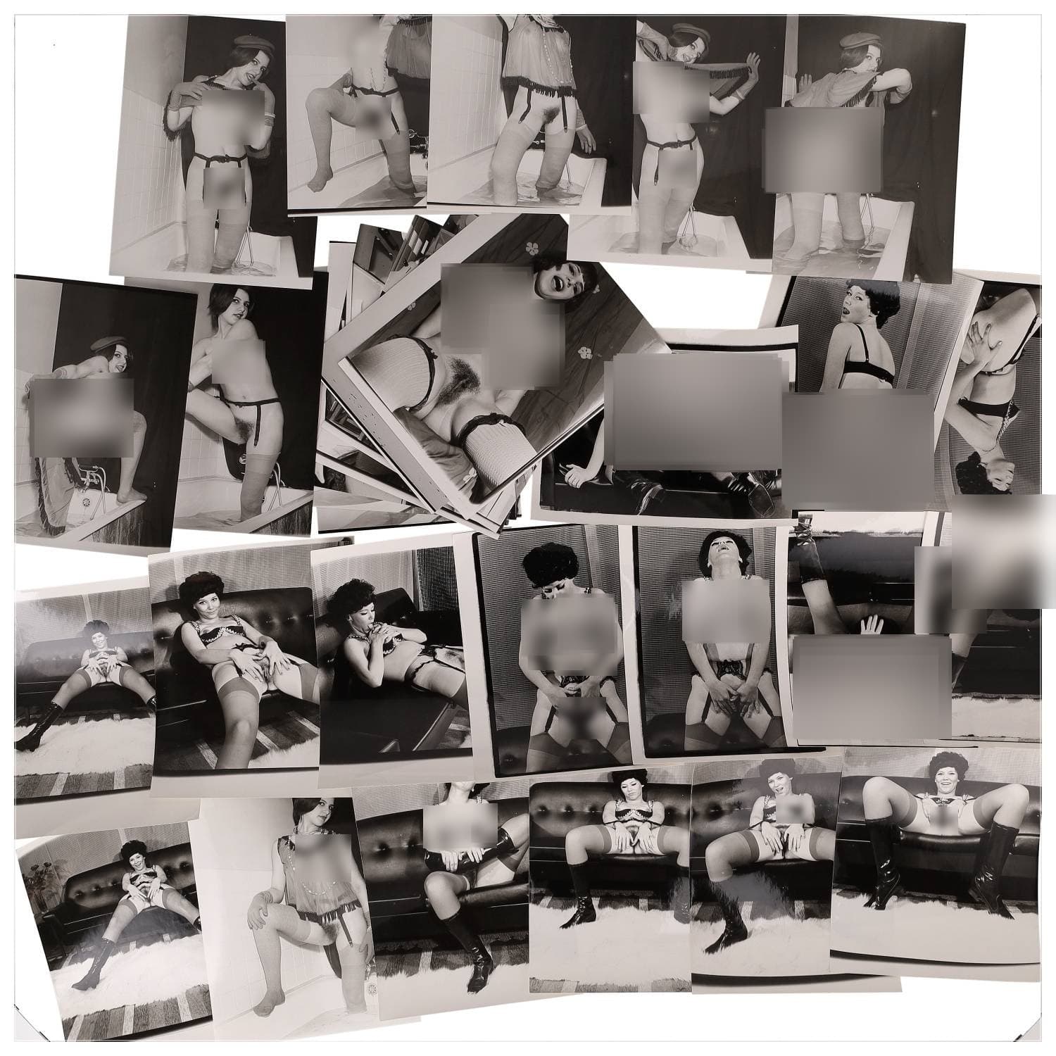 Erotica, étude de nu, photographies érotiques, pornographiques et divers. Circa 1950-70’s. Ensemble d’une trentaine de tirages argentiques. Exemples de sujets : femmes nues, dénudées, sexe féminin, fessier, poitrine, etc. Sur certains versos, annotations. Divers états (dont gondolements ou encore traces) et formats entiers moyens environ 24 x 18 cm.