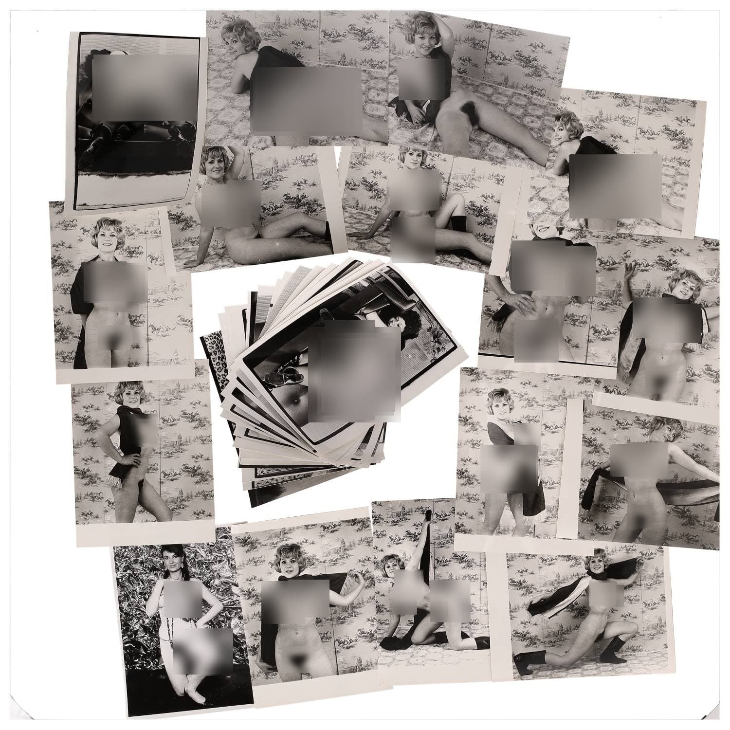 Erotica, étude de nu, photographies érotiques, pornographiques et divers. Circa 1950-70’s. Ensemble d’une trentaine de tirages argentiques. Exemples de sujets : femmes nues, dénudées, sexe féminin, fessier, poitrine, Liliane Har, etc. Sur certains versos, annotations. Divers états (dont gondolements ou encore traces) et formats entiers moyens environ 24 x 18 cm.
