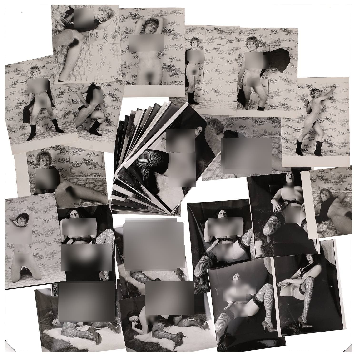 Erotica, étude de nu, photographies érotiques, pornographiques et divers. Circa 1950-70’s. Ensemble d’une trentaine de tirages argentiques. Exemples de sujets : femmes nues, dénudées, sexe féminin, fessier, poitrine, Liliane Har, etc. Sur certains versos, annotations. Divers états (dont gondolements ou encore traces) et formats entiers moyens environ 24 x 18 cm.