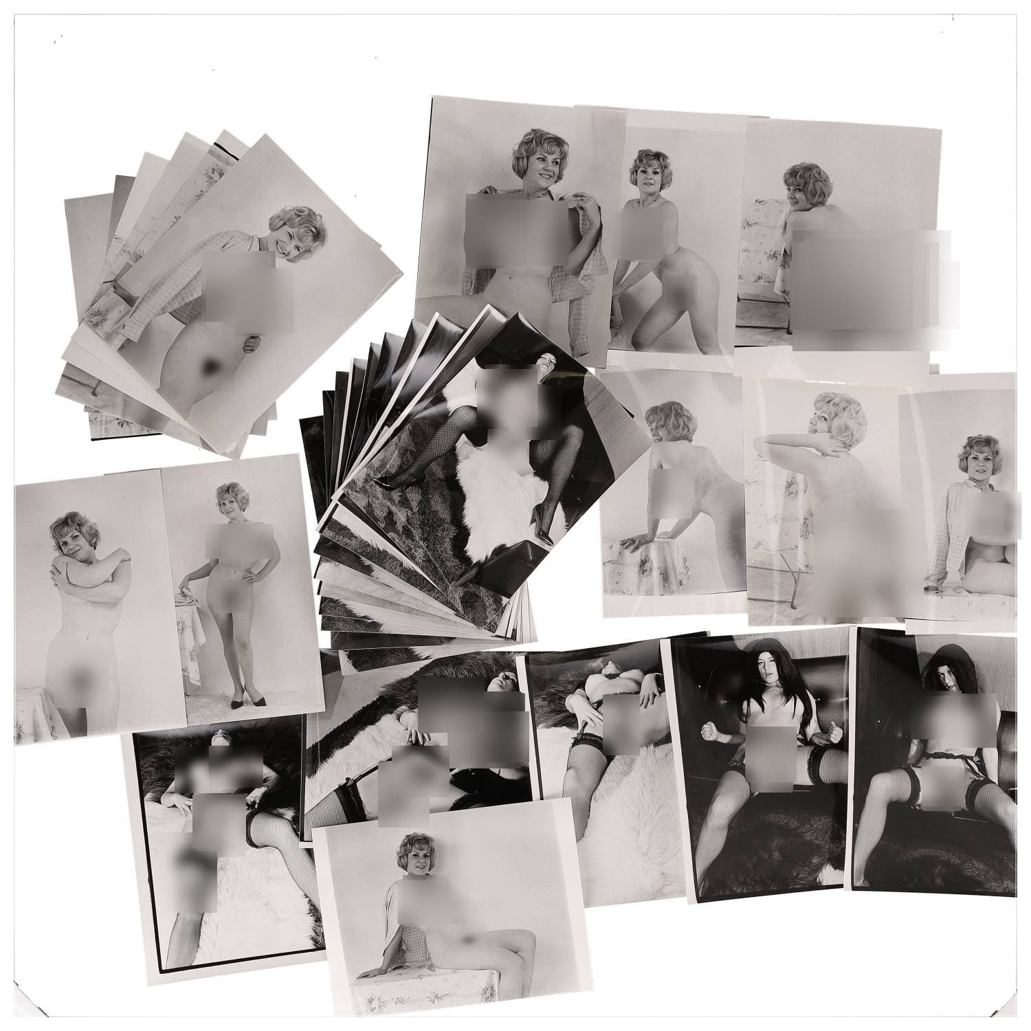 Erotica, étude de nu, photographies érotiques, pornographiques et divers. Circa 1950-70’s. Ensemble d’une trentaine de tirages argentiques. Exemples de sujets : femmes nues, dénudées, sexe féminin, fessier, poitrine, Liliane Har, etc. Sur certains versos, annotations. Divers états (dont gondolements ou encore traces) et formats entiers moyens environ 24 x 18 cm.