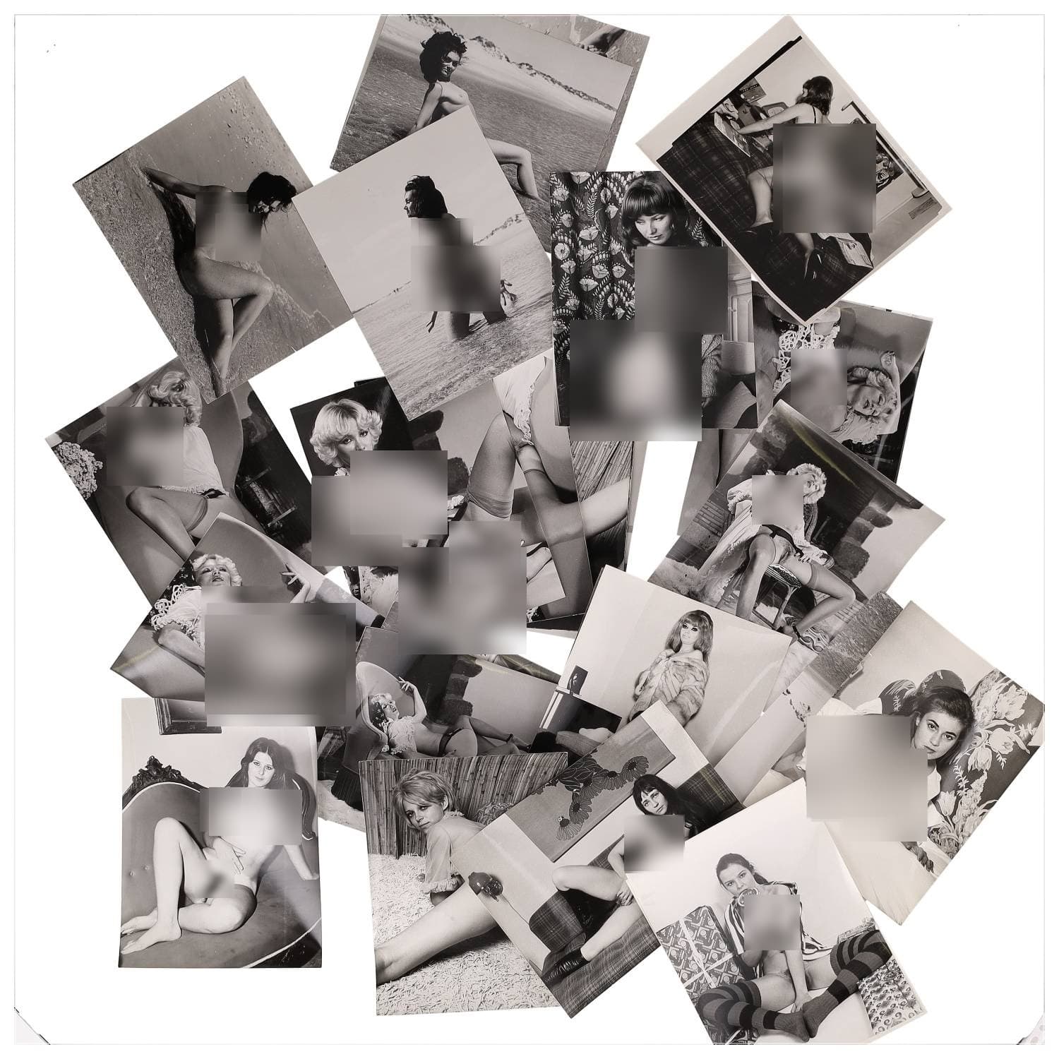 Erotica, étude de nu, photographies érotiques, pornographiques et divers. Circa 1950-70’s. Ensemble d’une trentaine de tirages argentiques. Exemples de sujets : femmes nues, dénudées, sexe féminin, fessier, poitrine, etc. Sur certains versos, annotations. Divers états (dont gondolements ou encore traces) et formats entiers moyens environ 24 x 18 cm.