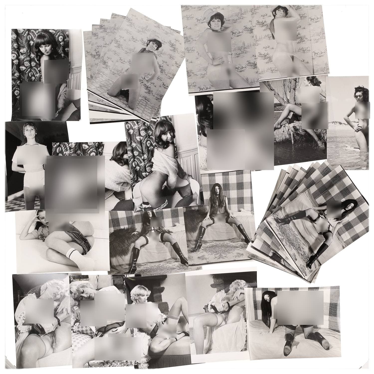 Erotica, étude de nu, photographies érotiques, pornographiques et divers. Circa 1950-70’s. Ensemble d’une trentaine de tirages argentiques. Exemples de sujets : femmes nues, dénudées, sexe féminin, fessier, poitrine, etc. Sur certains versos, annotations. Divers états (dont gondolements ou encore traces) et formats entiers moyens environ 24 x 18 cm.