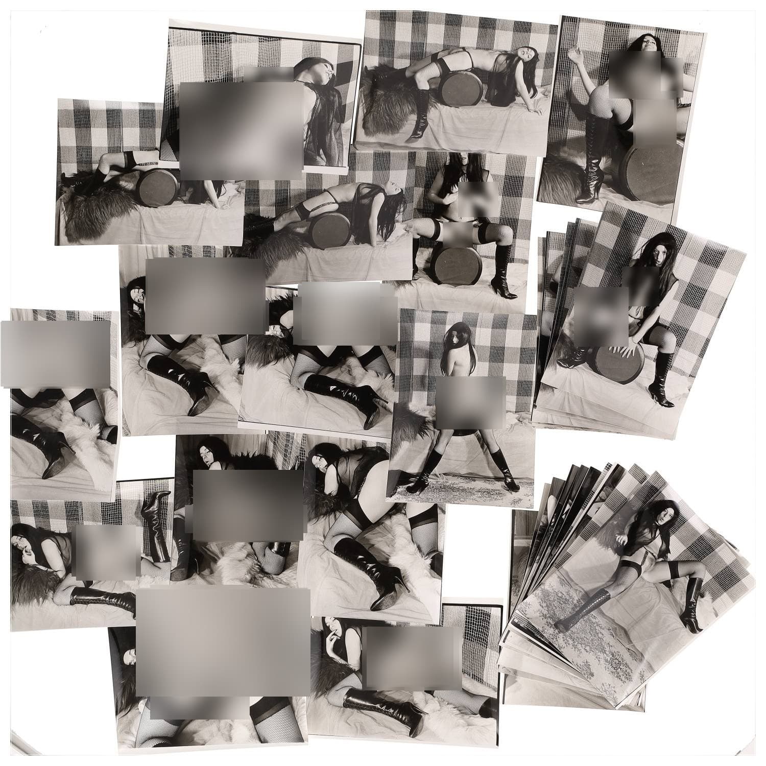 Erotica, étude de nu, photographies érotiques, pornographiques et divers. Circa 1950-70’s. Ensemble d’une trentaine de tirages argentiques. Exemples de sujets : femmes nues, dénudées, sexe féminin, fessier, poitrine, etc. Sur certains versos, annotations. Divers états (dont gondolements ou encore traces) et formats entiers moyens environ 24 x 18 cm.