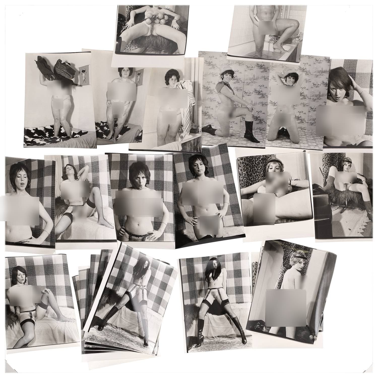 Erotica, étude de nu, photographies érotiques, pornographiques et divers. Circa 1950-70’s. Ensemble d’une trentaine de tirages argentiques. Exemples de sujets : femmes nues, dénudées, sexe féminin, fessier, poitrine, etc. Sur certains versos, annotations. Divers états (dont gondolements ou encore traces) et formats entiers moyens environ 24 x 18 cm.