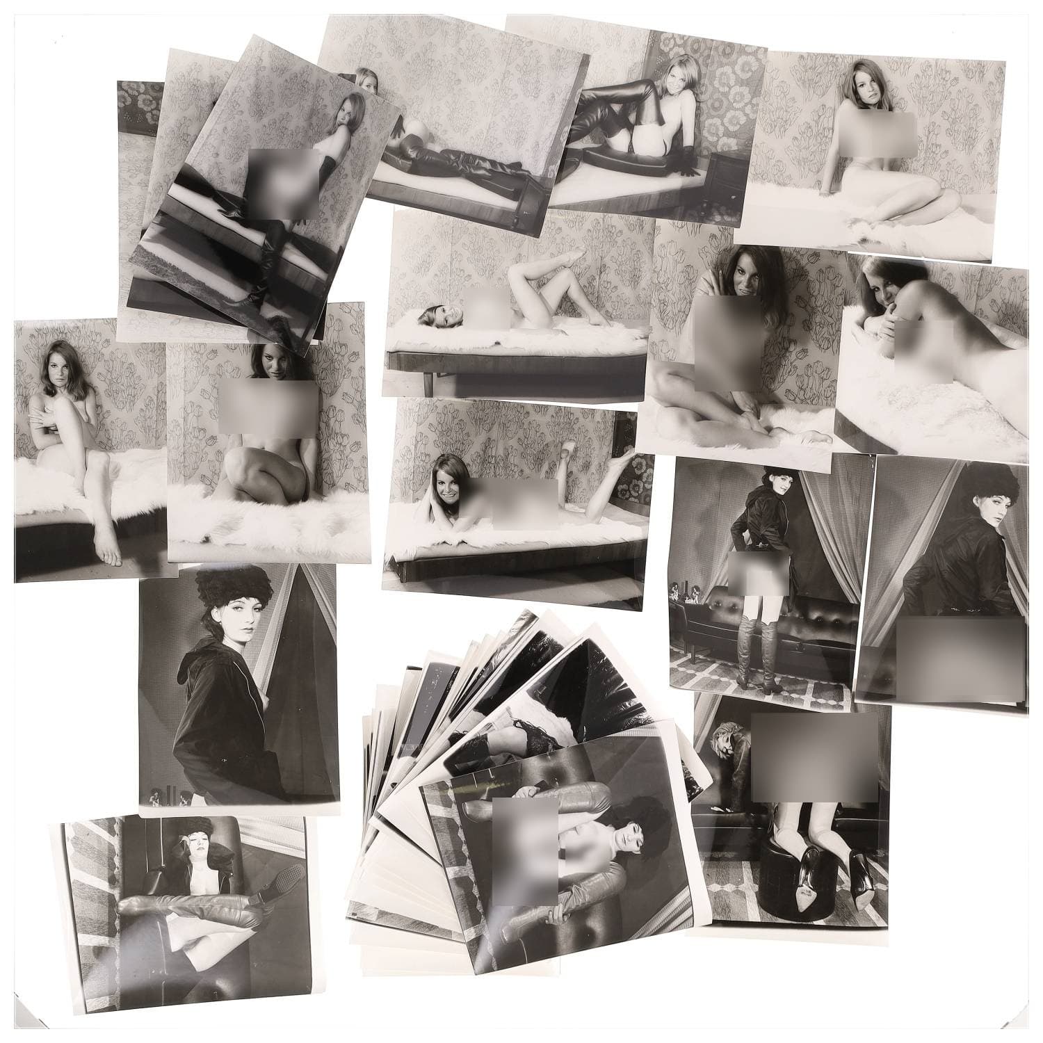 Erotica, étude de nu, photographies érotiques, pornographiques et divers. Circa 1950-70’s. Ensemble d’une trentaine de tirages argentiques. Exemples de sujets : femmes nues, dénudées, sexe féminin, fessier, poitrine, etc. Sur certains versos, annotations. Divers états (dont gondolements ou encore traces) et formats entiers moyens environ 24 x 18 cm.