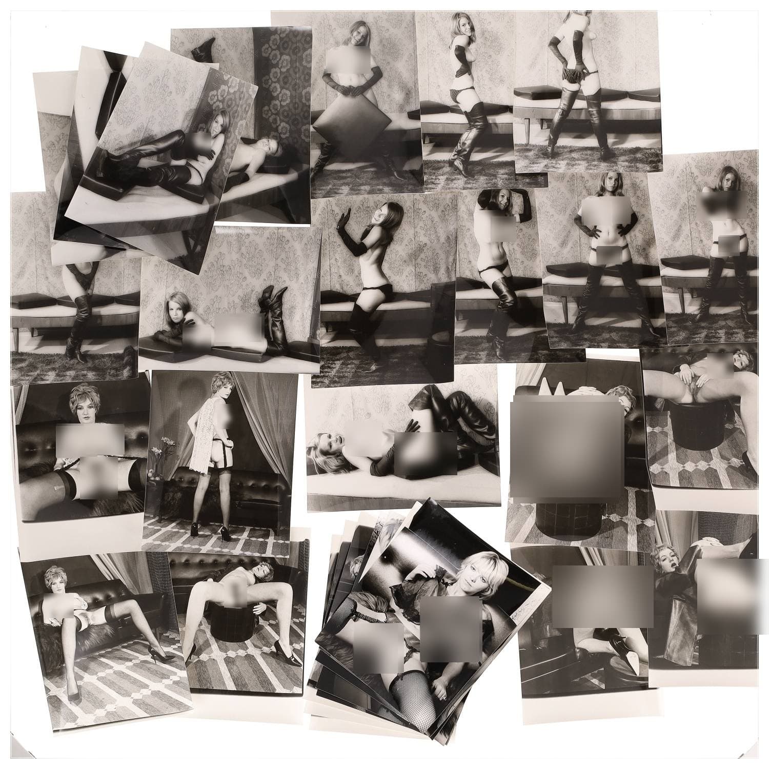 Erotica, étude de nu, photographies érotiques, pornographiques et divers. Circa 1950-70’s. Ensemble d’une trentaine de tirages argentiques. Exemples de sujets : femmes nues, dénudées, sexe féminin, fessier, poitrine, etc. Sur certains versos, annotations. Divers états (dont gondolements ou encore traces) et formats entiers moyens environ 24 x 18 cm.