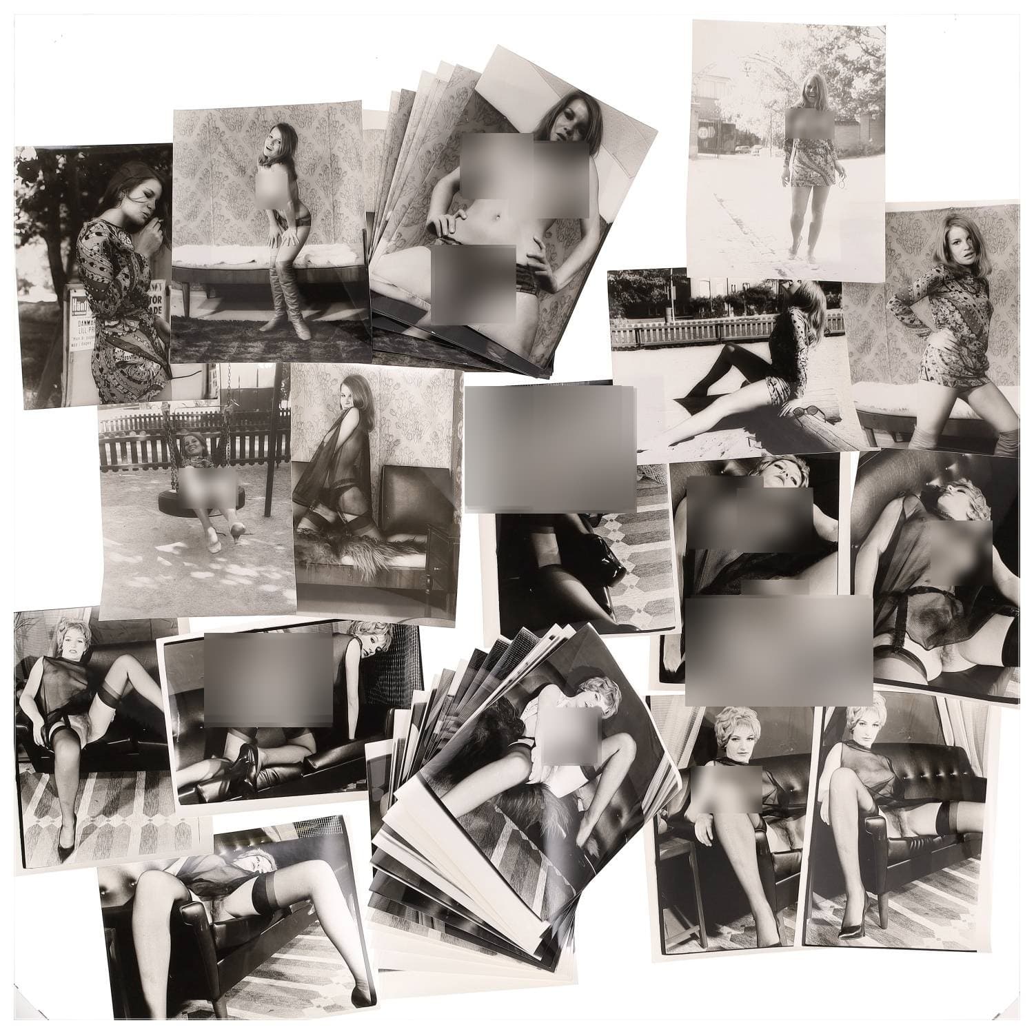 Erotica, étude de nu, photographies érotiques, pornographiques et divers. Circa 1950-70’s. Ensemble d’une trentaine de tirages argentiques. Exemples de sujets : femmes nues, dénudées, sexe féminin, fessier, poitrine, etc. Sur certains versos, annotations. Divers états (dont gondolements ou encore traces) et formats entiers moyens environ 24 x 18 cm.