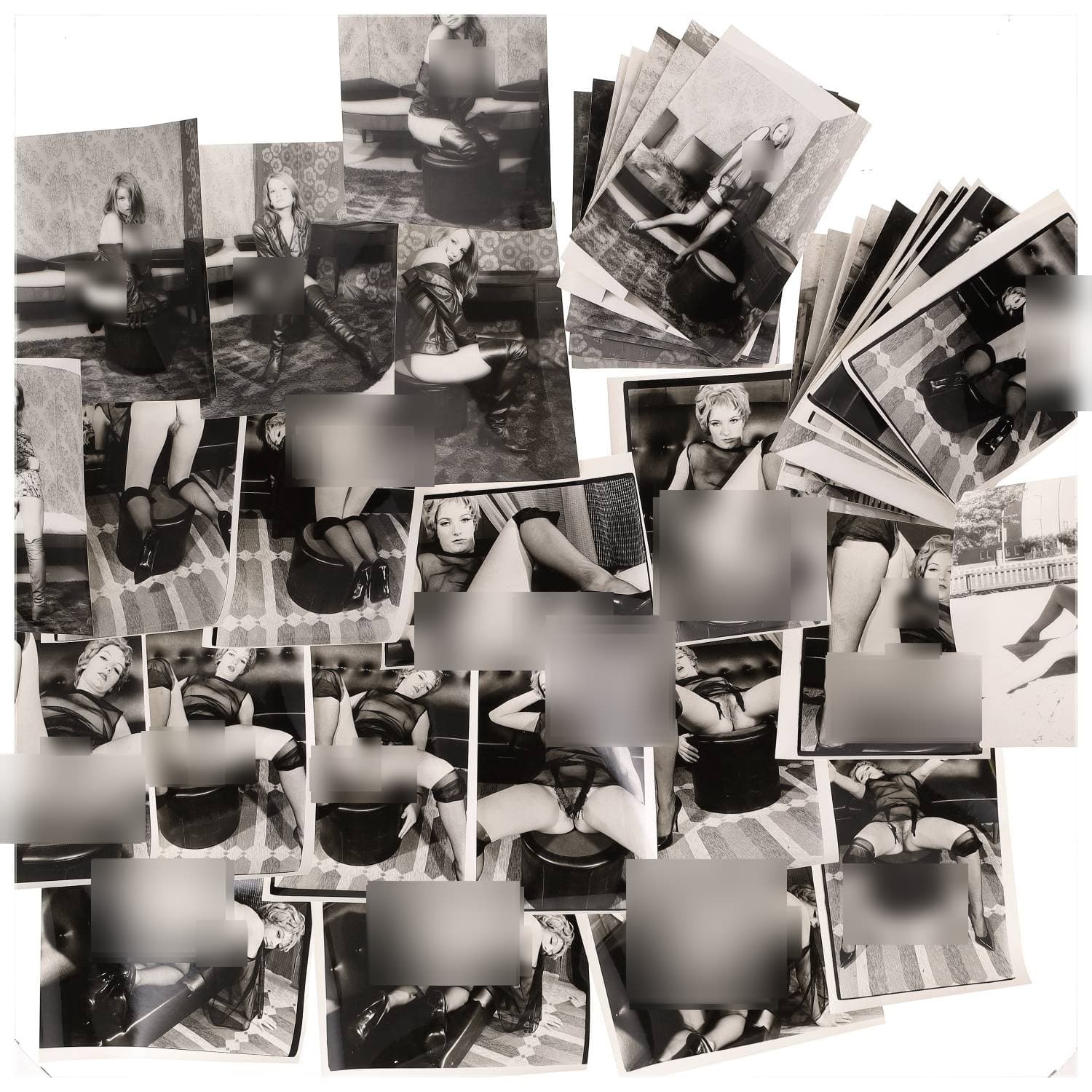 Erotica, étude de nu, photographies érotiques, pornographiques et divers. Circa 1950-70’s. Ensemble d’une trentaine de tirages argentiques. Exemples de sujets : femmes nues, dénudées, sexe féminin, fessier, poitrine, etc. Sur certains versos, annotations. Divers états (dont gondolements ou encore traces) et formats entiers moyens environ 24 x 18 cm.