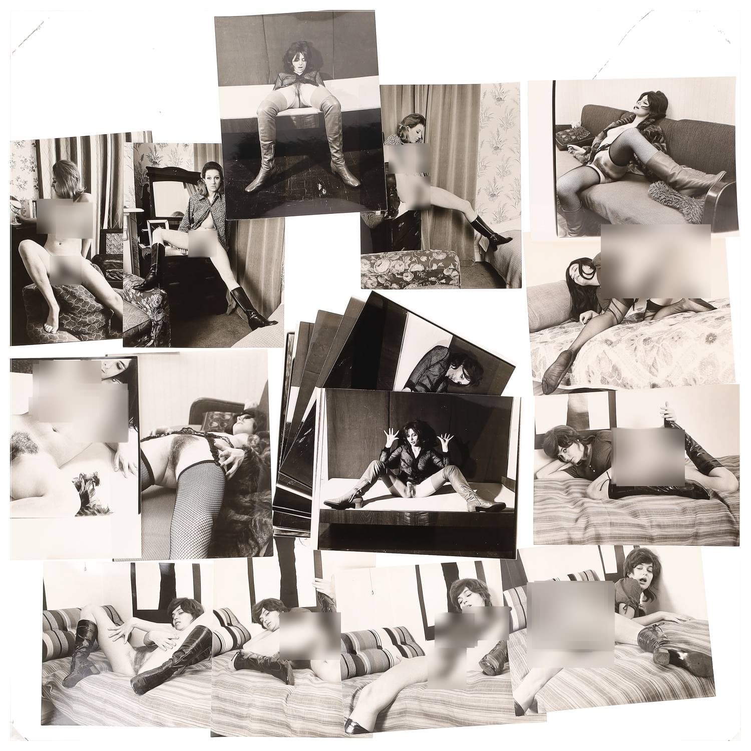 Erotica, étude de nu, photographies érotiques, pornographiques et divers. Circa 1950-70’s. Ensemble d’une vingtaine de tirages argentiques. Exemples de sujets : femmes nues, dénudées, sexe féminin, fessier, poitrine, macrophotographies, etc. Sur certains versos, annotations. Divers états (dont gondolements ou encore traces) et formats entiers moyens environ 26 x 20 cm.