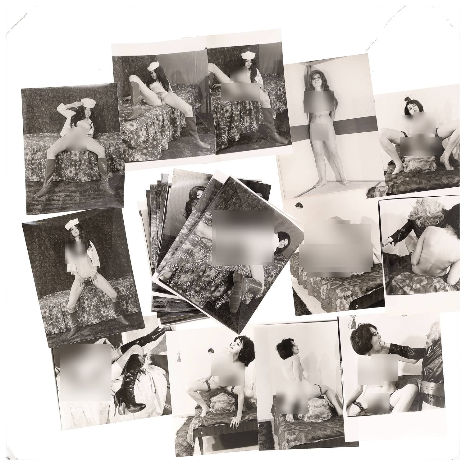 Erotica, étude de nu, photographies érotiques, pornographiques et divers. Circa 1950-70’s. Ensemble d’une vingtaine de tirages argentiques. Exemples de sujets : femmes nues, dénudées, sexe féminin, fessier, poitrine, macrophotographies, etc. Sur certains versos, annotations. Divers états (dont gondolements ou encore traces) et formats entiers moyens environ 26 x 20 cm.