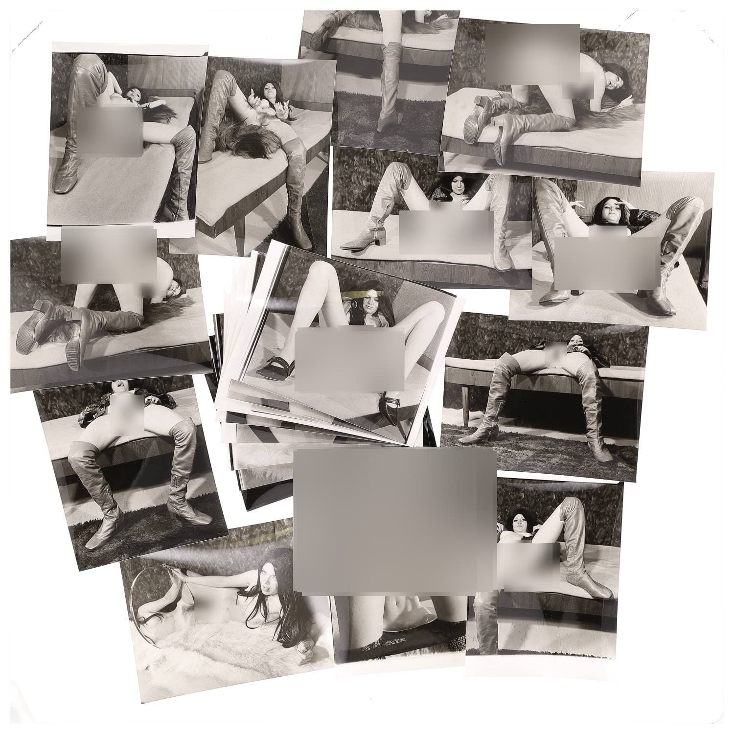 Erotica, étude de nu, photographies érotiques, pornographiques et divers. Circa 1950-70’s. Ensemble d’une vingtaine de tirages argentiques. Exemples de sujets : femmes nues, dénudées, sexe féminin, fessier, poitrine, macrophotographies, etc. Sur certains versos, annotations. Divers états (dont gondolements ou encore traces) et formats entiers moyens environ 26 x 20 cm.