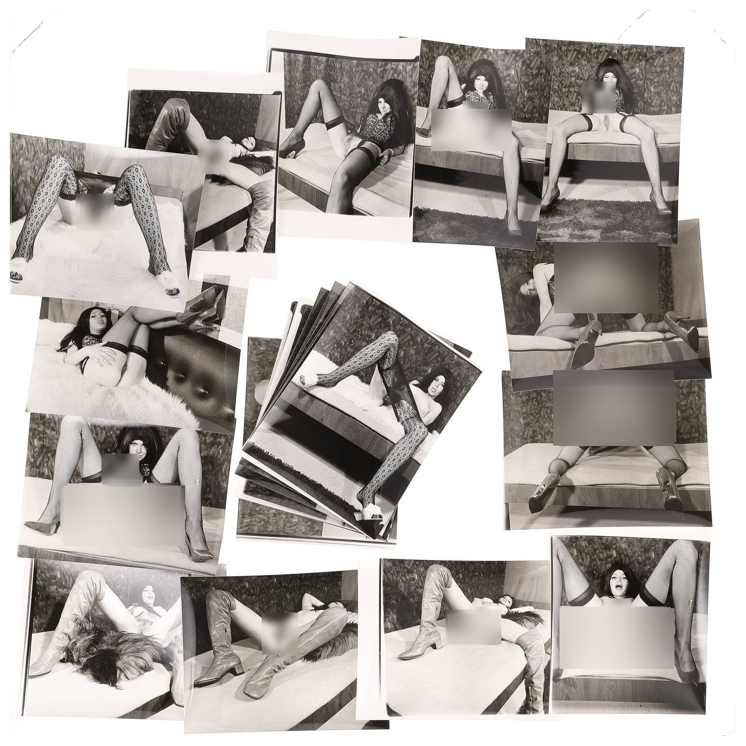 Erotica, étude de nu, photographies érotiques, pornographiques et divers. Circa 1950-70’s. Ensemble d’une vingtaine de tirages argentiques. Exemples de sujets : femmes nues, dénudées, sexe féminin, fessier, poitrine, macrophotographies, etc. Sur certains versos, annotations. Divers états (dont gondolements ou encore traces) et formats entiers moyens environ 26 x 20 cm.