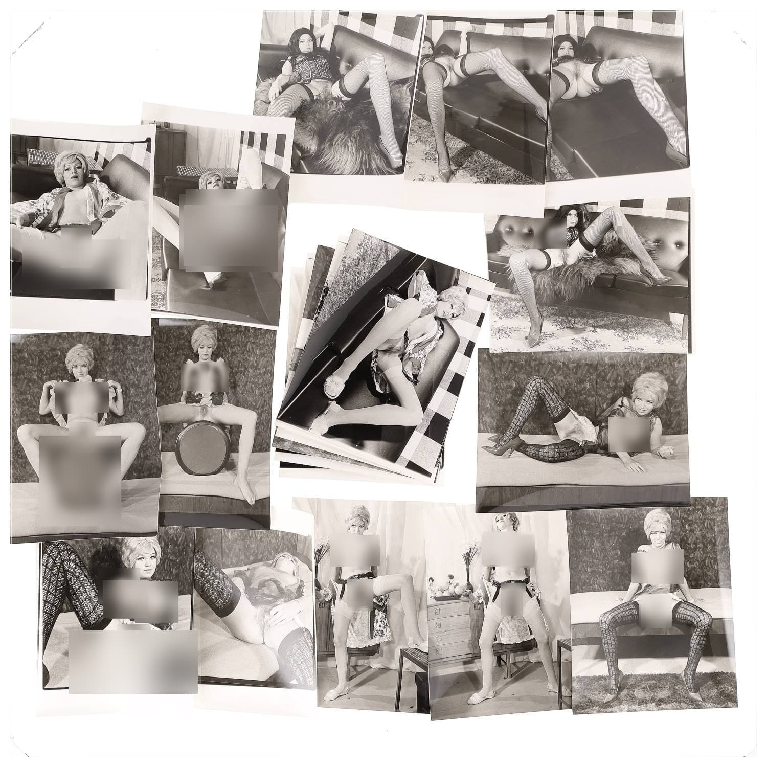 Erotica, étude de nu, photographies érotiques, pornographiques et divers. Circa 1950-70’s. Ensemble d’une vingtaine de tirages argentiques. Exemples de sujets : femme nue, dénudée, sexe féminin, fessier, poitrine, macrophotographies, etc. Sur certains versos, annotations. Divers états (dont gondolements ou encore traces) et formats entiers moyens environ 26 x 20 cm.