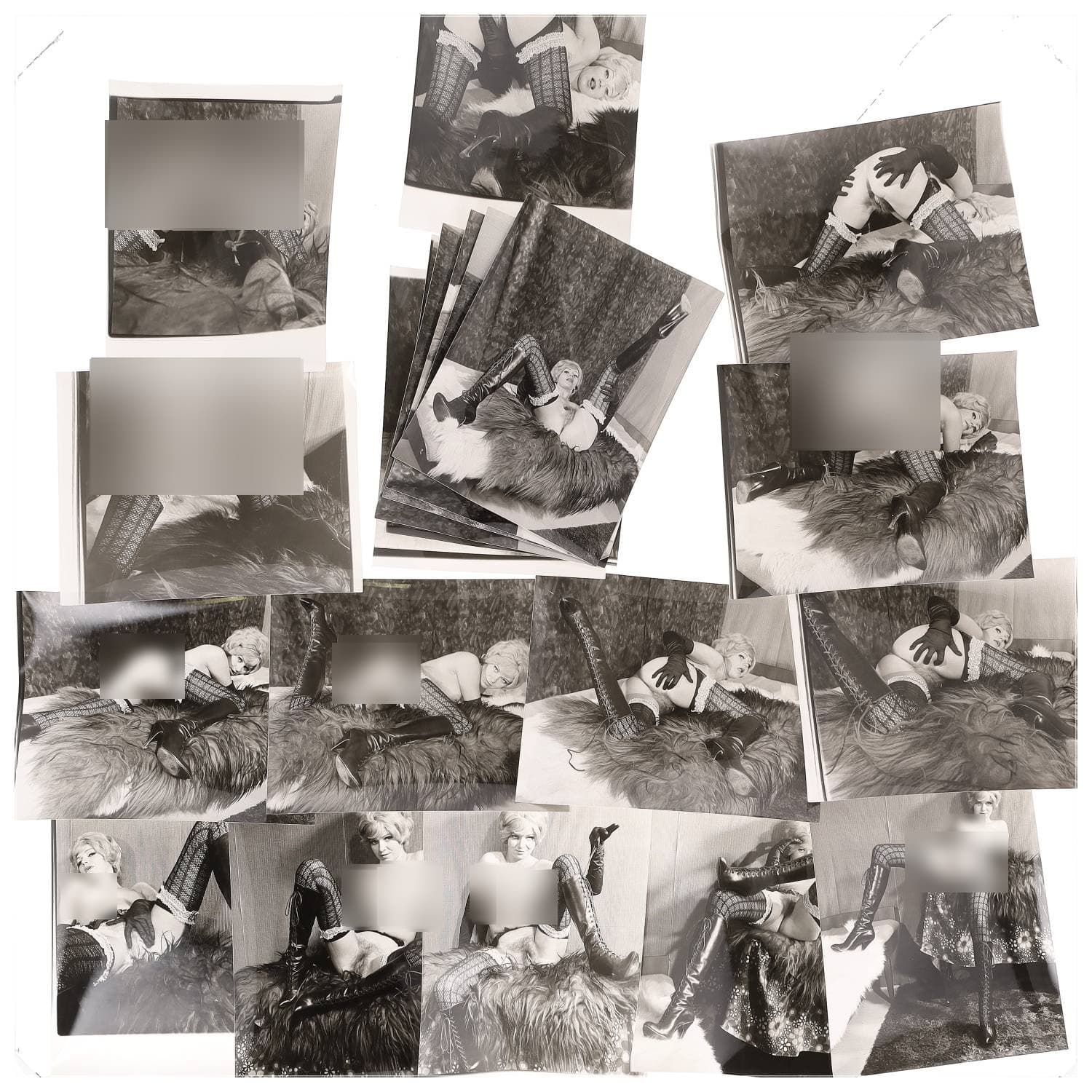 Erotica, étude de nu, photographies érotiques, pornographiques et divers. Circa 1950-70’s. Ensemble d’une vingtaine de tirages argentiques. Exemples de sujets : femme nue, dénudée, sexe féminin, fessier, poitrine, macrophotographies, etc. Sur certains versos, annotations. Divers états (dont gondolements ou encore traces) et formats entiers moyens environ 26 x 20 cm.