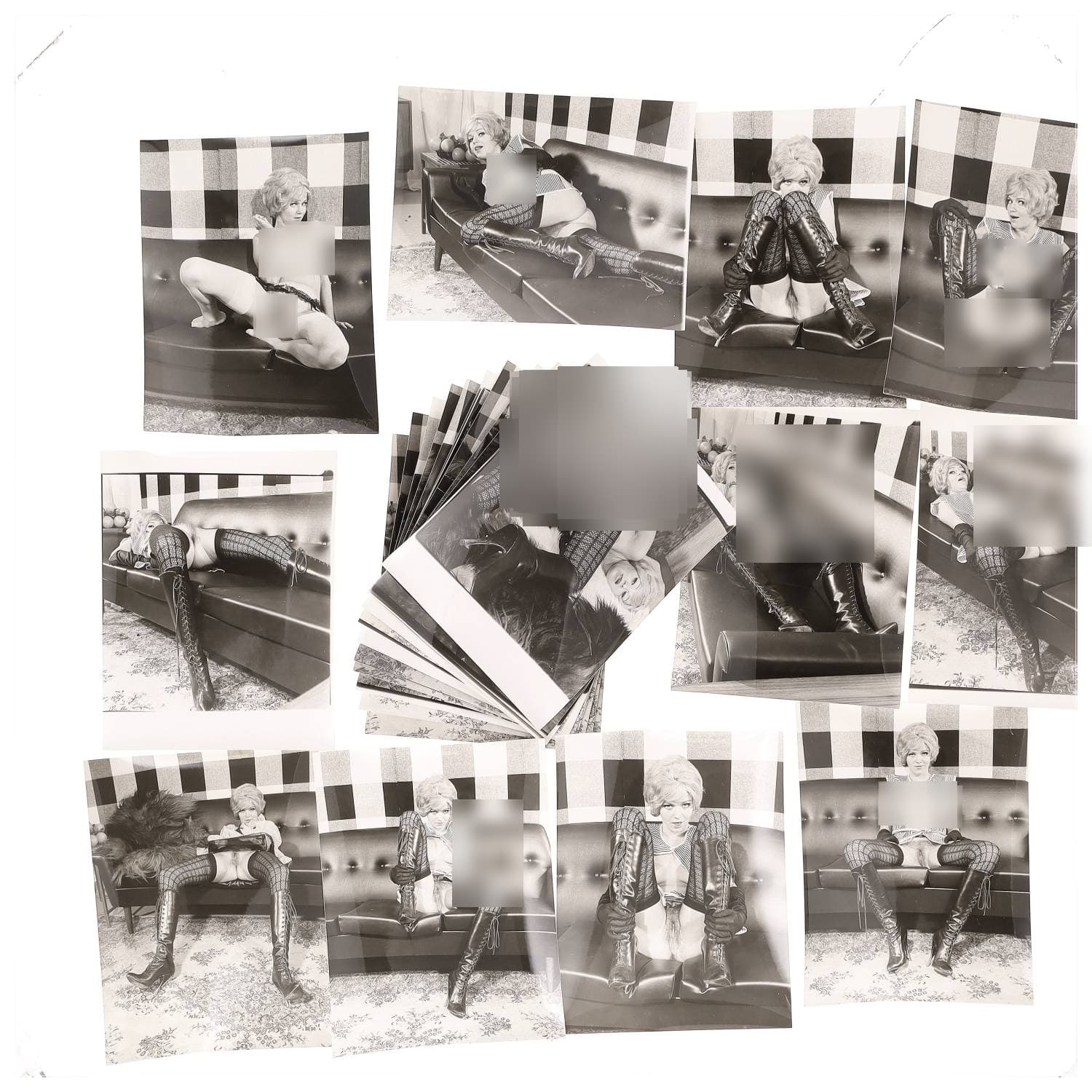Erotica, étude de nu, photographies érotiques, pornographiques et divers. Circa 1950-70’s. Ensemble d’une vingtaine de tirages argentiques. Exemples de sujets : femmes nue, dénudée, sexe féminin, fessier, poitrine, macrophotographies, etc. Sur certains versos, annotations. Divers états (dont gondolements ou encore traces) et formats entiers moyens environ 26 x 20 cm.