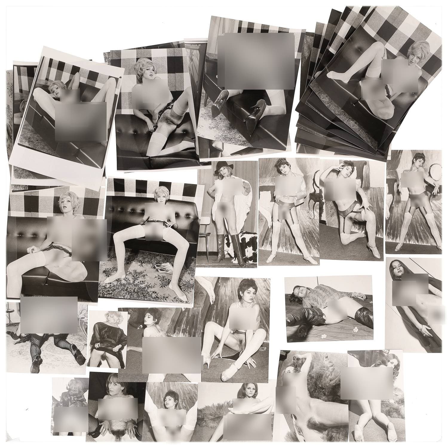 Erotica, étude de nu, photographies érotiques, pornographiques et divers. Circa 1950-70’s. Ensemble d’une trentaine de tirages argentiques. Exemples de sujets : femmes nues, dénudées, sexe féminin, fessier, poitrine, macrophotographies, etc. Sur certains versos, annotations. Divers états (dont gondolements ou encore traces) et formats entiers moyens environ de 12 x 8,5 cm à 26 x 20 cm.