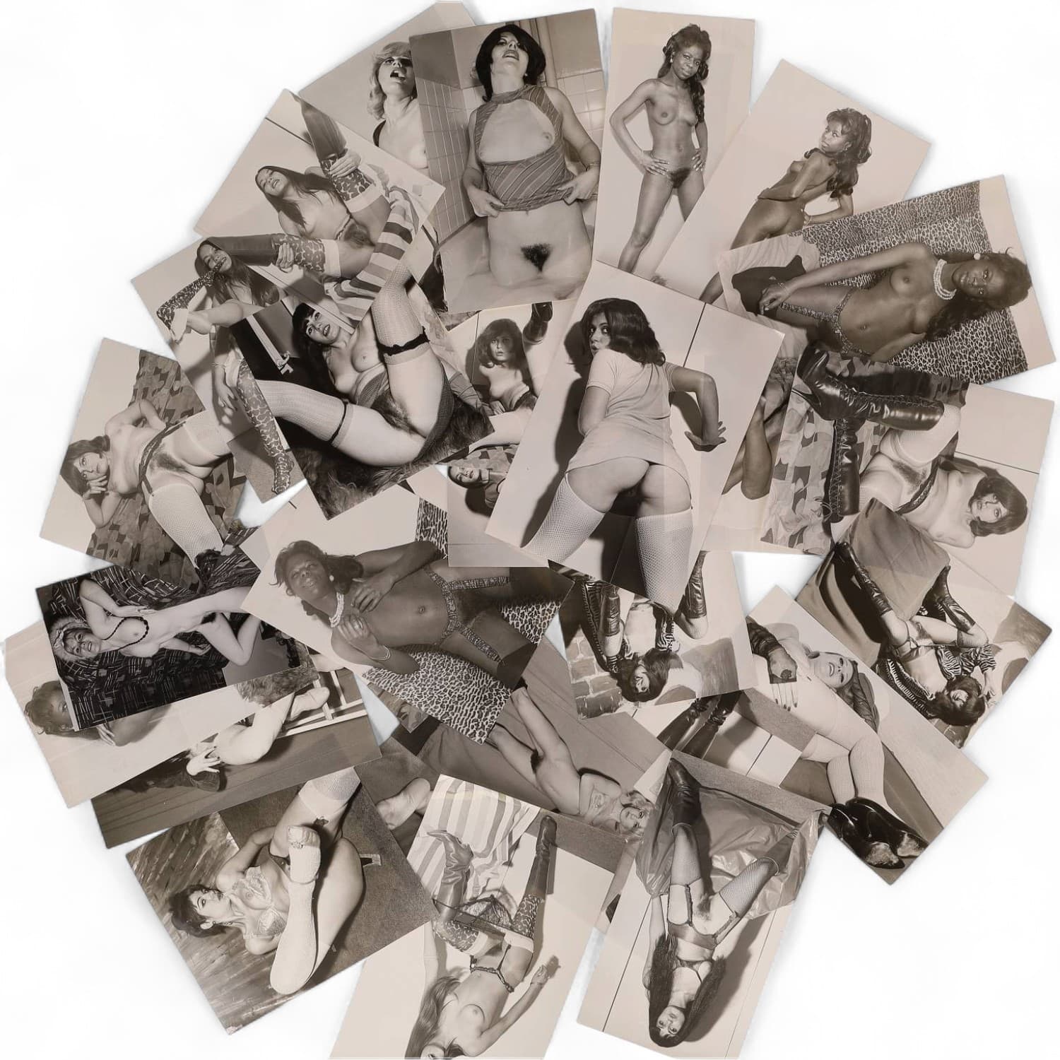 Erotica, étude de nu, photographies érotiques, pornographiques et divers. Circa 1950-70’s. Ensemble d’une trentaine de tirages argentiques. Exemples de sujets : femmes nues, dénudées, sexe féminin, fessier, poitrine, macrophotographies, etc. Sur certains versos, annotations. Divers états (dont gondolements ou encore traces) et formats entiers moyens environ de 11,5 x 7 cm à 22,5 x 16 cm.