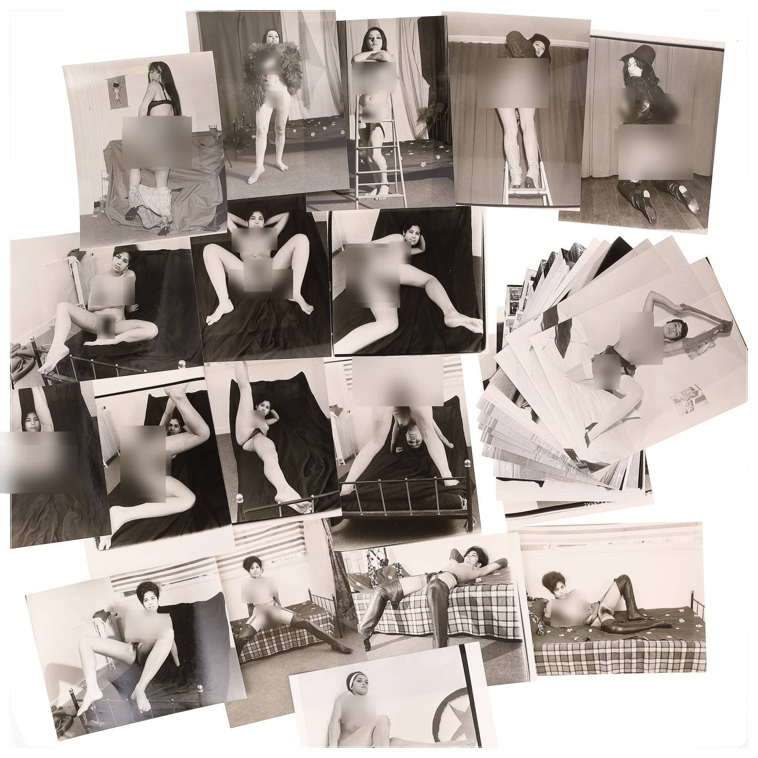 Erotica, étude de nu, photographies érotiques, pornographiques et divers. Circa 1950-70’s. Ensemble d’une trentaine de tirages argentiques. Exemples de sujets : femmes nues, dénudées, sexe féminin, fessier, poitrine, macrophotographies, etc. Sur certains versos, annotations. Divers états (dont gondolements ou encore traces) et formats entiers moyens environ de 24 x 18 cm.