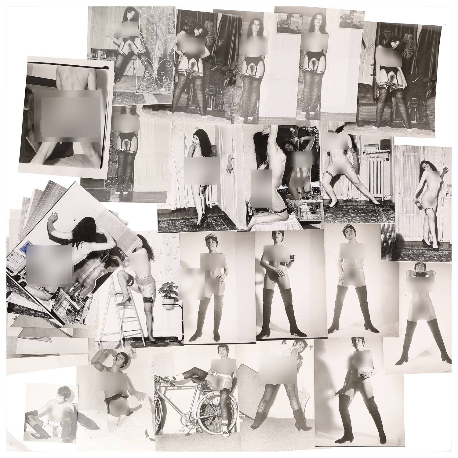 Erotica, étude de nu, photographies érotiques, pornographiques et divers. Circa 1950-70’s. Ensemble d’une trentaine de tirages argentiques. Exemples de sujets : femmes nues, dénudées, sexe féminin, fessier, poitrine, macrophotographies, etc. Sur certains versos, annotations. Divers états (dont gondolements ou encore traces) et formats entiers moyens environ de 12 x 10,5 cm à 24 x 18 cm.