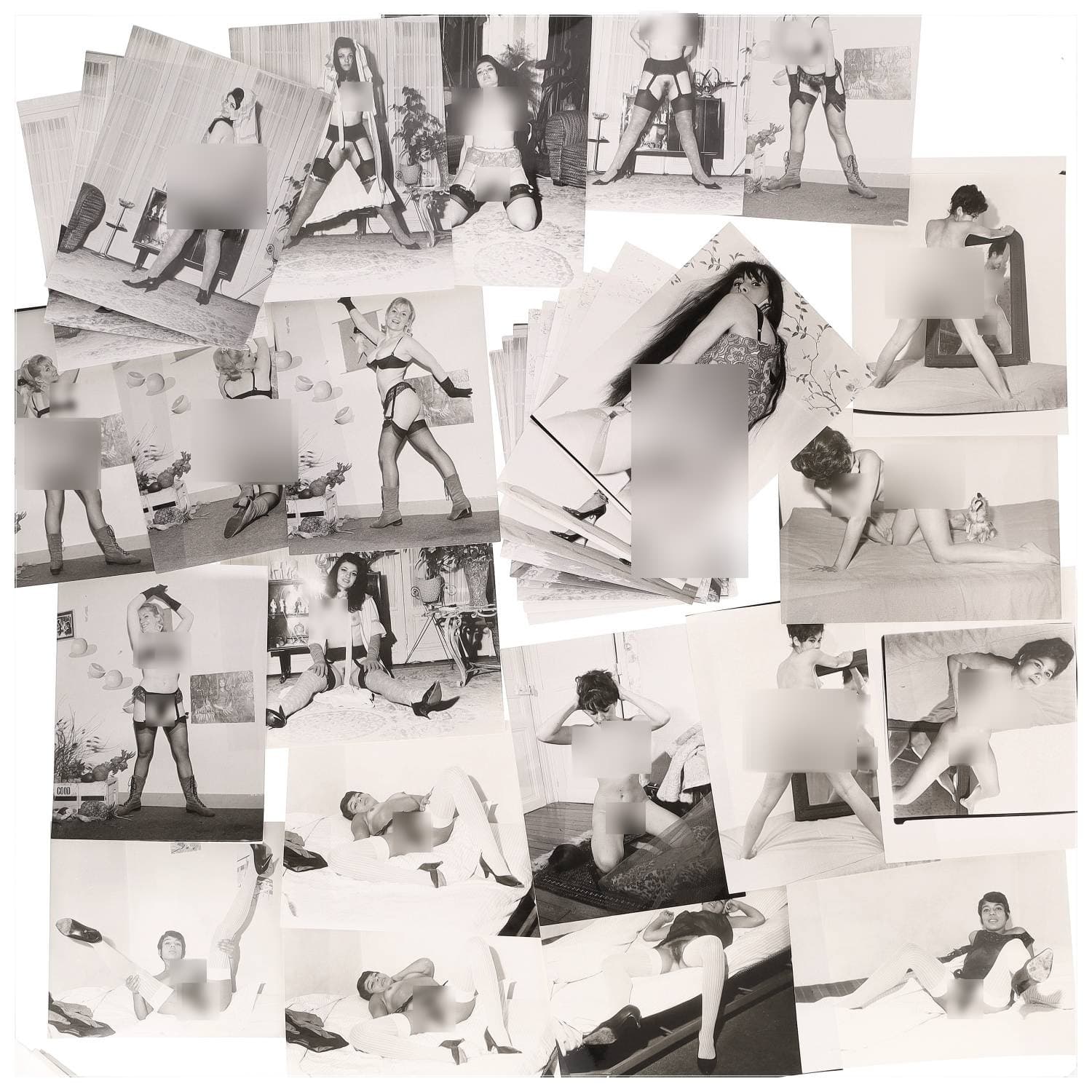 Erotica, étude de nu, photographies érotiques, pornographiques et divers. Circa 1950-70’s. Ensemble d’une trentaine de tirages argentiques. Exemples de sujets : femmes nues, dénudées, sexe féminin, fessier, poitrine, macrophotographies, etc. Sur certains versos, annotations. Divers états (dont gondolements ou encore traces) et formats entiers moyens environ 24 x 18 cm.