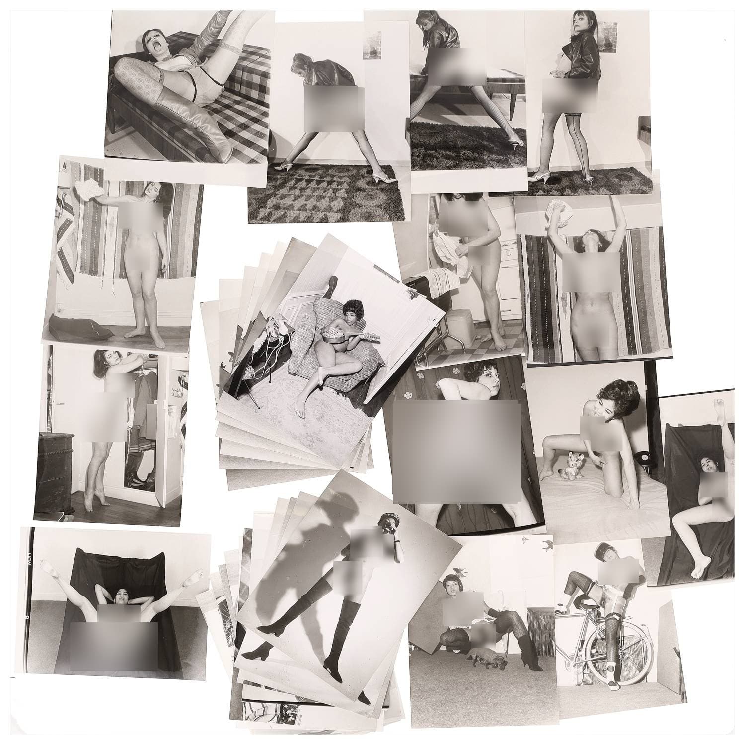 Erotica, étude de nu, photographies érotiques, pornographiques et divers. Circa 1950-70’s. Ensemble d’une trentaine de tirages argentiques. Exemples de sujets : femmes nues, dénudées, sexe féminin, fessier, poitrine, macrophotographies, etc. Sur certains versos, annotations. Divers états (dont gondolements ou encore traces) et formats entiers moyens environ de 24 x 18 cm à 25,5 x 20,5 cm.