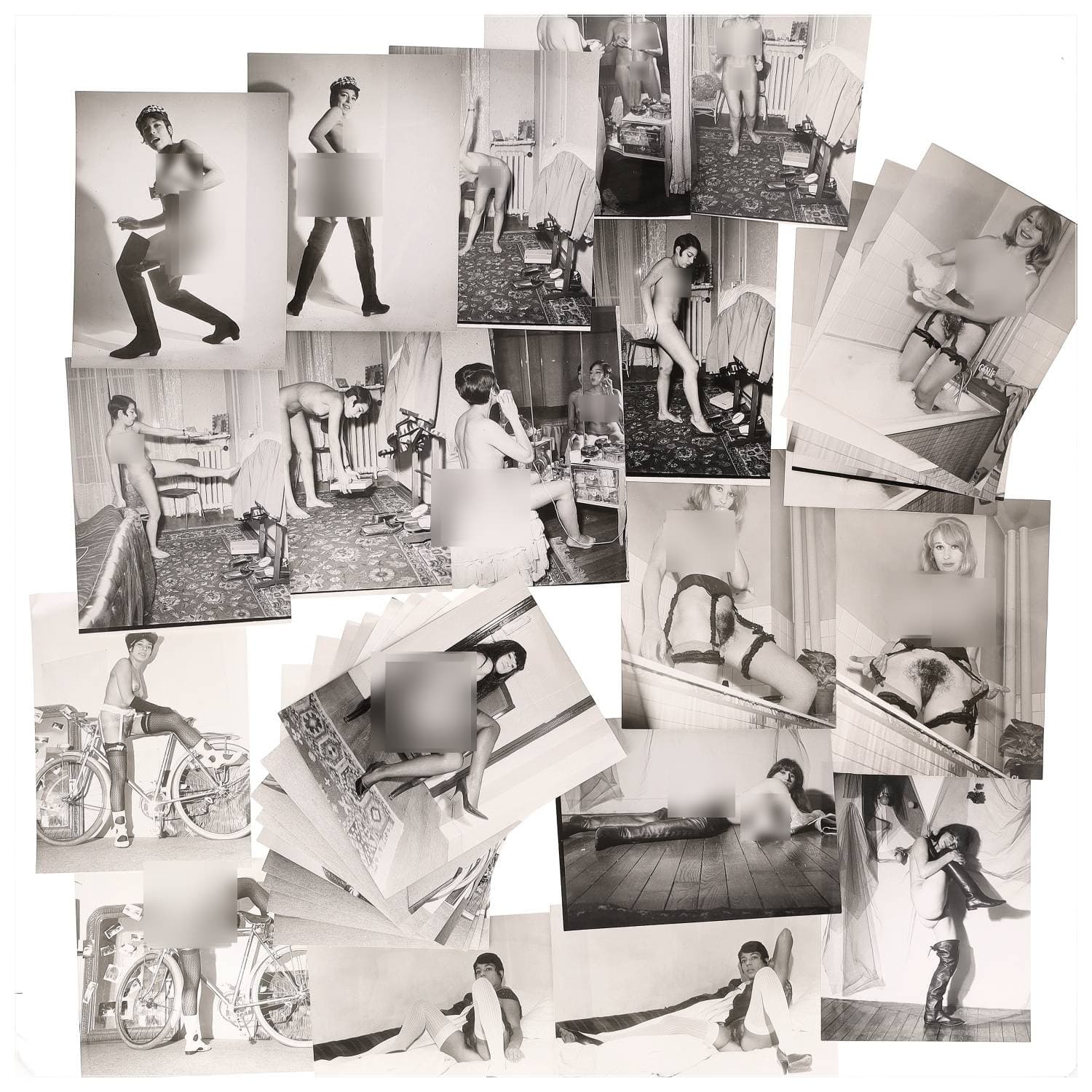 Erotica, étude de nu, photographies érotiques, pornographiques et divers. Circa 1950-70’s. Ensemble d’une trentaine de tirages argentiques. Exemples de sujets : femmes nues, dénudées, sexe féminin, fessier, poitrine, macrophotographies, etc. Sur certains versos, annotations. Divers états (dont gondolements ou encore traces) et formats entiers moyens environ de 24 x 18 cm.
