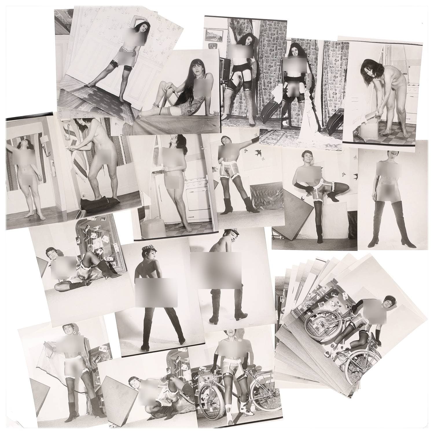 Erotica, étude de nu, photographies érotiques, pornographiques et divers. Circa 1950-70’s. Ensemble d’une trentaine de tirages argentiques. Exemples de sujets : femmes nues, dénudées, sexe féminin, fessier, poitrine, macrophotographies, etc. Sur certains versos, annotations. Divers états (dont gondolements ou encore traces) et formats entiers moyens environ de 24 x 18 cm.