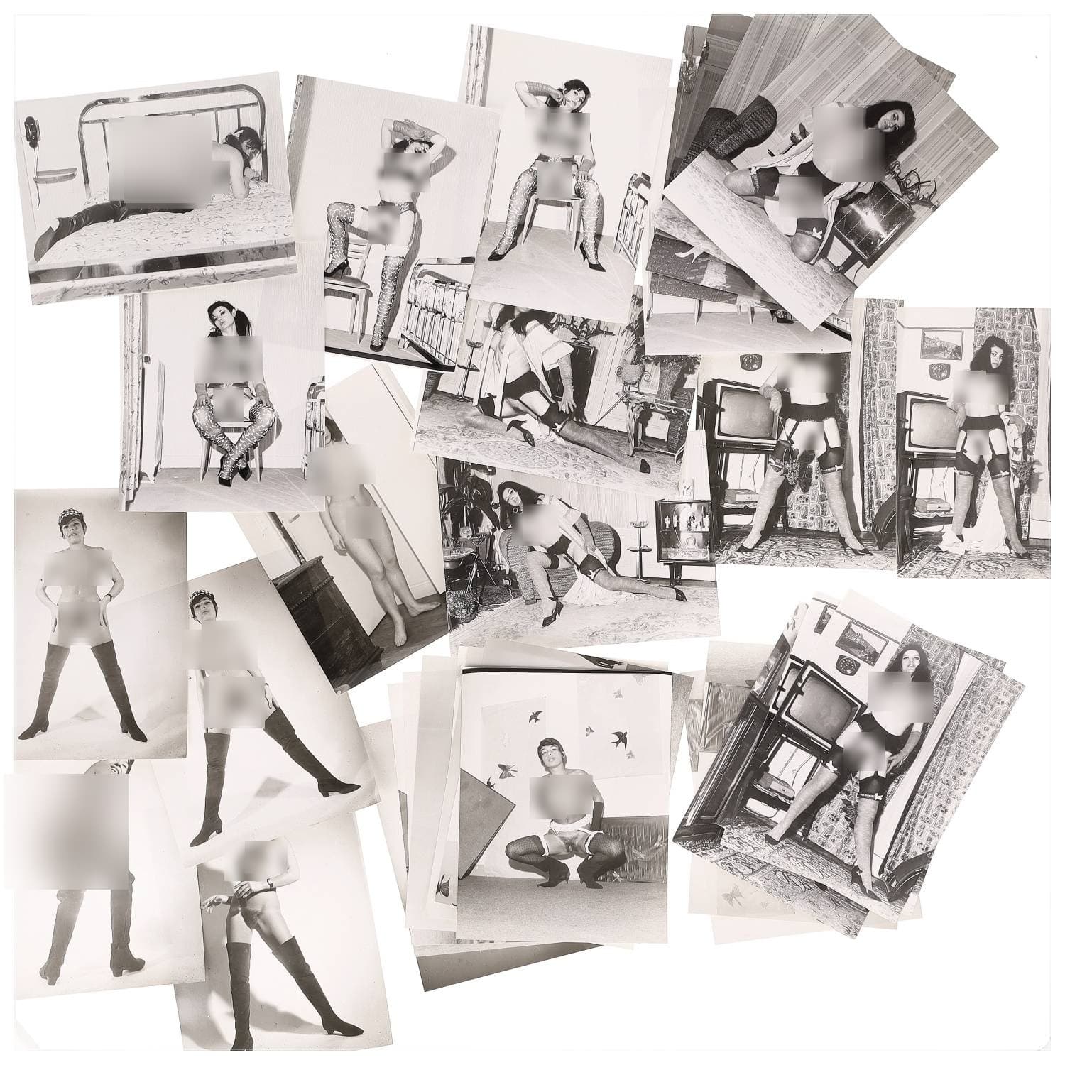 Erotica, étude de nu, photographies érotiques, pornographiques et divers. Circa 1950-70’s. Ensemble d’une trentaine de tirages argentiques. Exemples de sujets : femmes nues, dénudées, sexe féminin, fessier, poitrine, macrophotographies, etc. Sur certains versos, annotations. Divers états (dont gondolements ou encore traces) et formats entiers moyens environ de 24 x 18 cm.