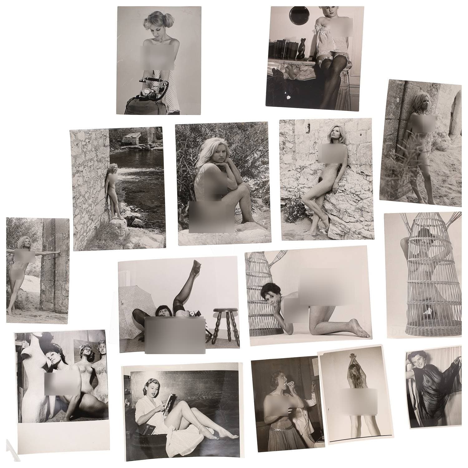 Mario A. COSTA, Erotica, étude de nu, photographies érotiques et divers. Circa 1950-70’s. Ensemble d’une quinzaine de tirages argentiques. Sur versos, cachets divers de Mario A. COSTA. Exemples de sujets : femmes nues, dénudées, sexe féminin, fessier, poitrine, macrophotographies, etc. Sur certains versos, annotations. Divers états (dont gondolements ou encore traces) et formats entiers moyens environ de 16 x 11,5 cm à 24 x 18 cm.