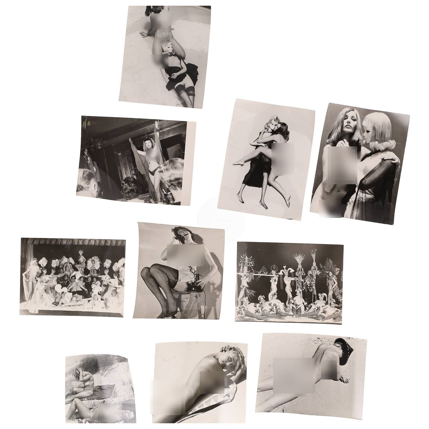 Serge JACQUES (né en 1927 ; photographe), Erotica, étude de nu, photographies érotiques et divers. Circa 1950-70’s. Ensemble d’une dizaine de tirages argentiques. Sur versos, cachet de Serge Jacques. Exemples de sujets : femmes nues, dénudées, sexe féminin, fessier, poitrine, etc. Sur certains versos, annotations. Divers états (dont gondolements ou encore traces) et formats entiers moyens environ de 16,5 x 15 cm à 24 x 18 cm.