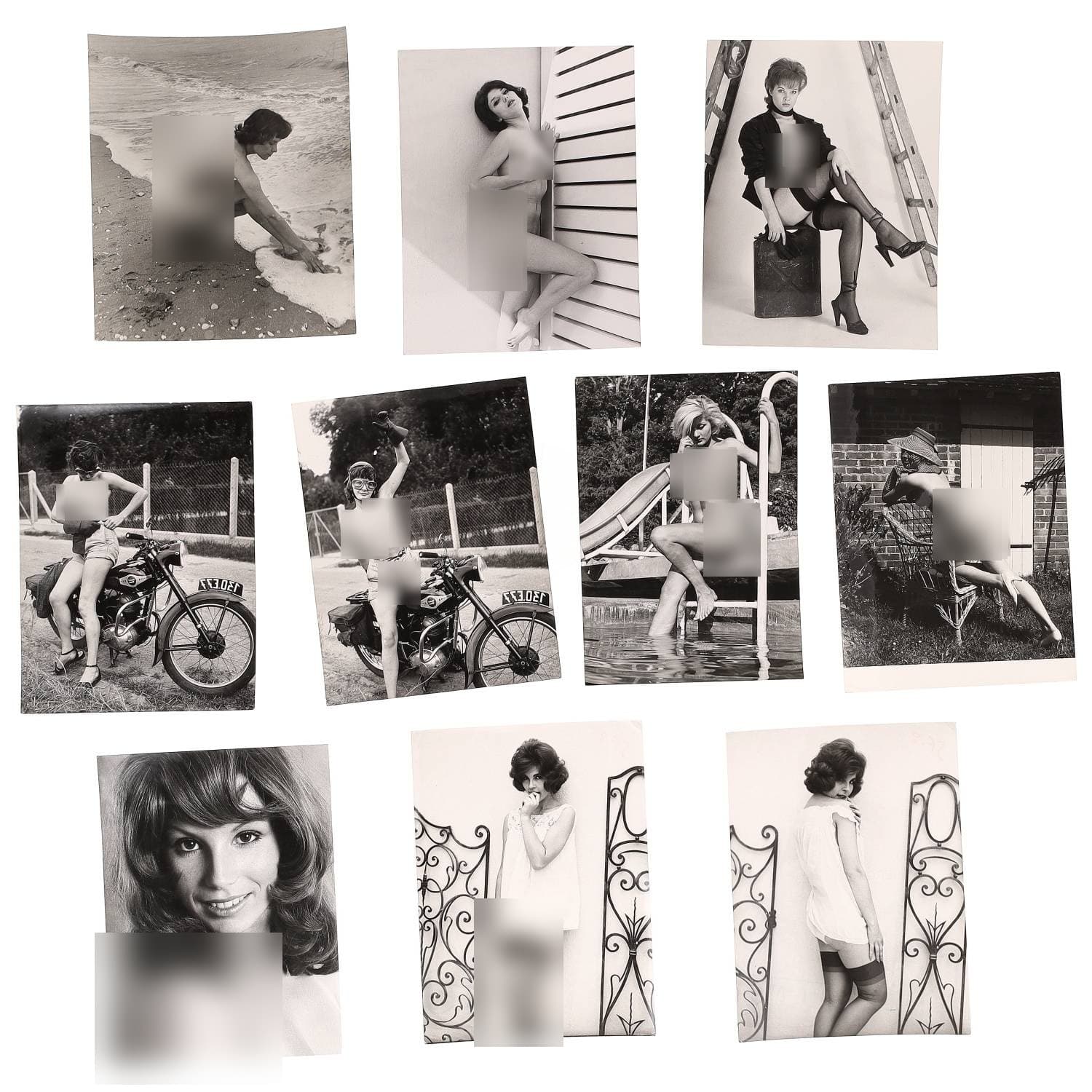 Serge JACQUES (né en 1927 ; photographe), Erotica, étude de nu, photographies érotiques et divers. Circa 1950-70’s. Ensemble d’une dizaine de tirages argentiques. Sur versos, cachet de Serge Jacques. Exemples de sujets : femmes nues, dénudées, sexe féminin, fessier, poitrine, etc. Sur certains versos, annotations. Divers états (dont gondolements ou encore traces) et formats entiers moyens environ de 24 x 18 cm à 24 x 20,5 cm.