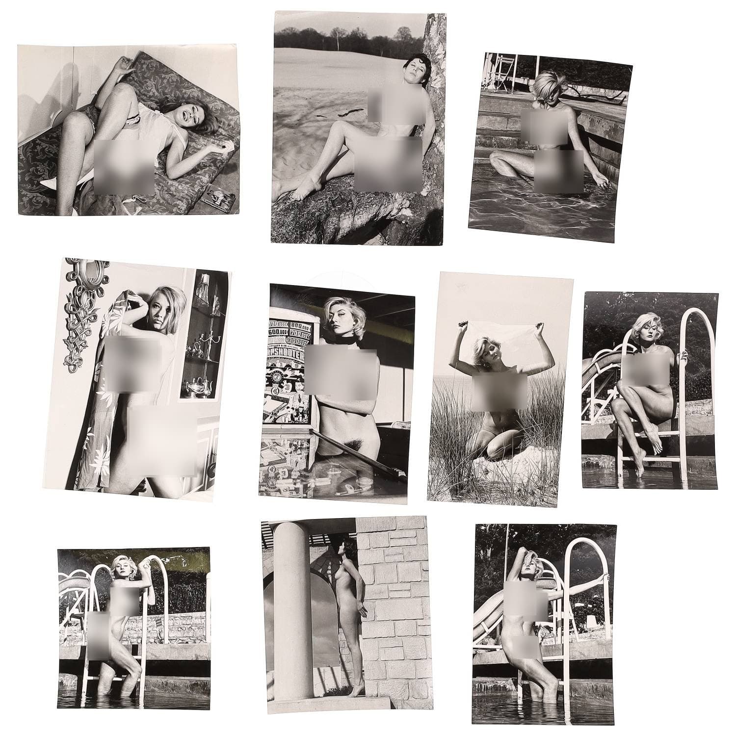 Serge JACQUES (né en 1927 ; photographe), Erotica, étude de nu, photographies érotiques et divers. Circa 1950-70’s. Ensemble d’une dizaine de tirages argentiques. Sur versos, cachet de Serge Jacques. Exemples de sujets : femmes nues, dénudées, sexe féminin, fessier, poitrine, etc. Sur certains versos, annotations. Divers états (dont gondolements ou encore traces) et formats entiers moyens environ de 16,5 x 15,5 cm à 24 x 20,5 cm.