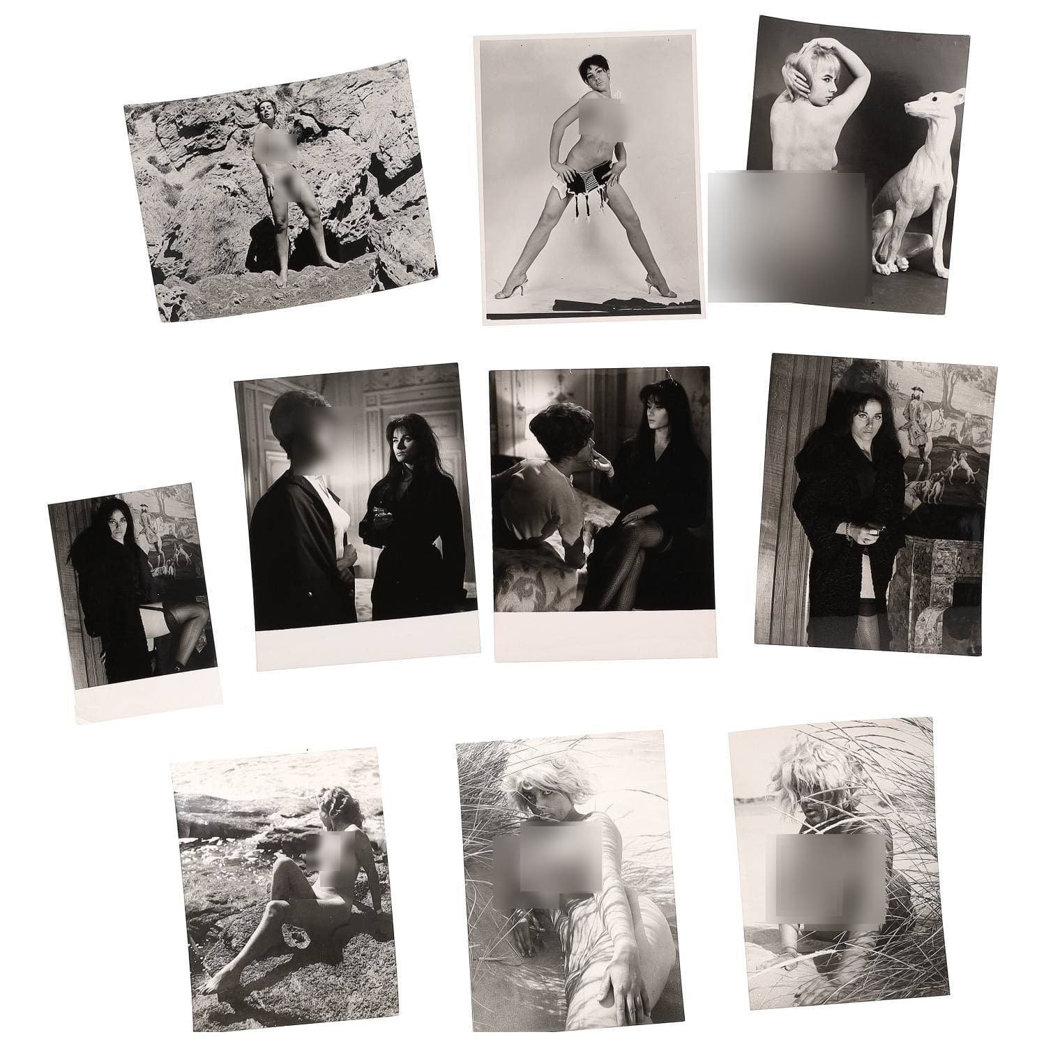 Serge JACQUES (né en 1927 ; photographe) et autres photographes, Erotica, étude de nu, photographies érotiques et divers. Circa 1950-70’s. Ensemble d’une dizaine de tirages argentiques. Sur huit versos, cachet de Serge Jacques. Exemples de sujets : femmes nues, dénudées, sexe féminin, fessier, poitrine, etc. Sur certains versos, annotations. Divers états (dont gondolements ou encore traces) et formats entiers moyens environ de 18 x 12 cm à 24 x 20,5 cm.