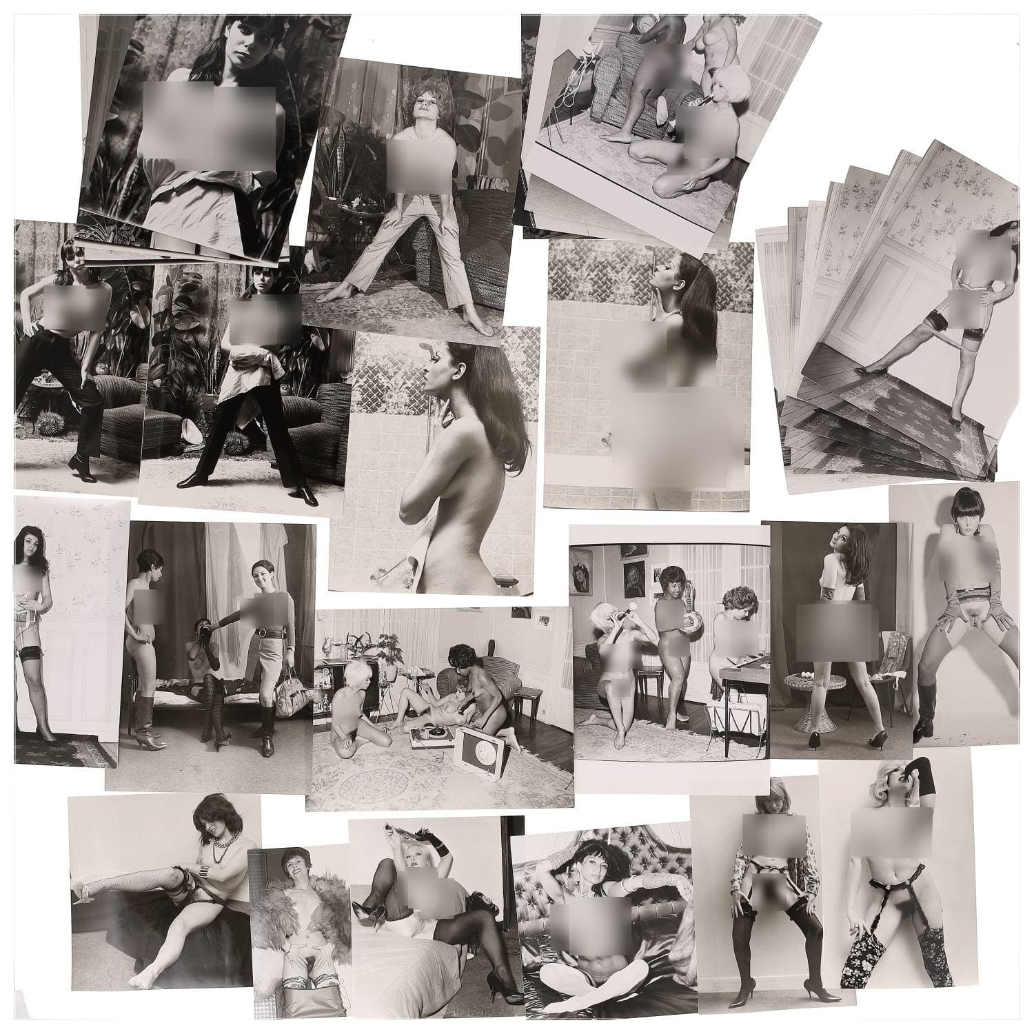 Erotica, étude de nu, photographies érotiques, pornographiques et divers. Circa 1950-70’s. Ensemble d’une trentaine de tirages argentiques. Exemples de sujets : femmes nues, dénudées, sexe féminin, fessier, poitrine, macrophotographies, etc. Sur certains versos, annotations. Divers états (dont gondolements ou encore traces) et formats entiers moyens environ de 15 x 9,5 cm à 24 x 18 cm.
