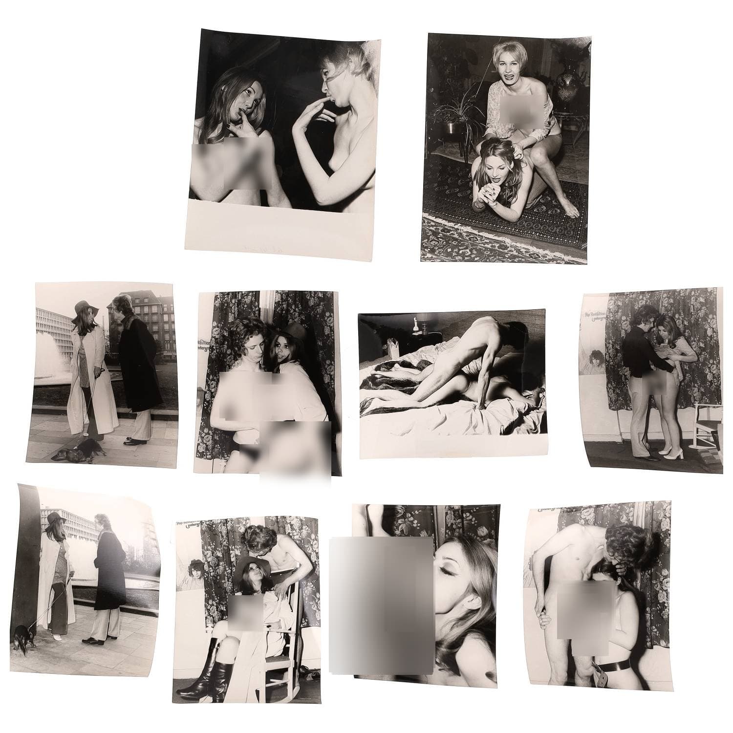 Erotica, étude de nu, photographies érotiques et pornographiques, hommes et femmes nus, actes sexuels hétérosexuels, femmes entre elles, préliminaires et divers. Circa 1950-70’s. Ensemble de plus d’une dizaine de tirages argentiques. Sur certains versos, annotations. Divers états (dont gondolements ou encore traces). Formats entiers moyens environ de 24 x 18 cm à 27,5 x 23,5 cm.