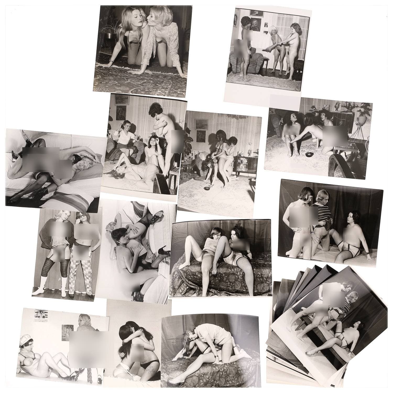 Erotica, étude de nu, photographies érotiques et pornographiques, femmes nues, actes sexuels homosexuels, femmes ensemble, lesbiennes et divers. Circa 1950-70’s. Ensemble d’une vingtaine de tirages argentiques. Sur certains versos, annotations et/ou copyright. Divers états dont (gondolements ou encore traces). Formats entiers moyens environ de 20 x 16 cm à 24 x 22 cm.