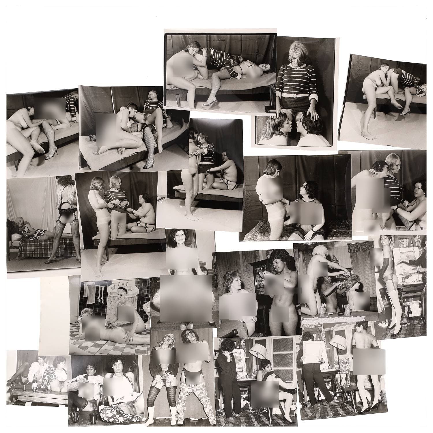 Erotica, étude de nu, photographies érotiques et pornographiques, femmes nues, actes sexuels homosexuels, femmes ensemble, lesbiennes et divers. Circa 1950-70’s. Ensemble d’une vingtaine de tirages argentiques. Sur certains versos, annotations et/ou copyright. Divers états dont (gondolements ou encore traces). Formats entiers moyens environ de 16 x 11,5 cm à 24 x 22 cm.