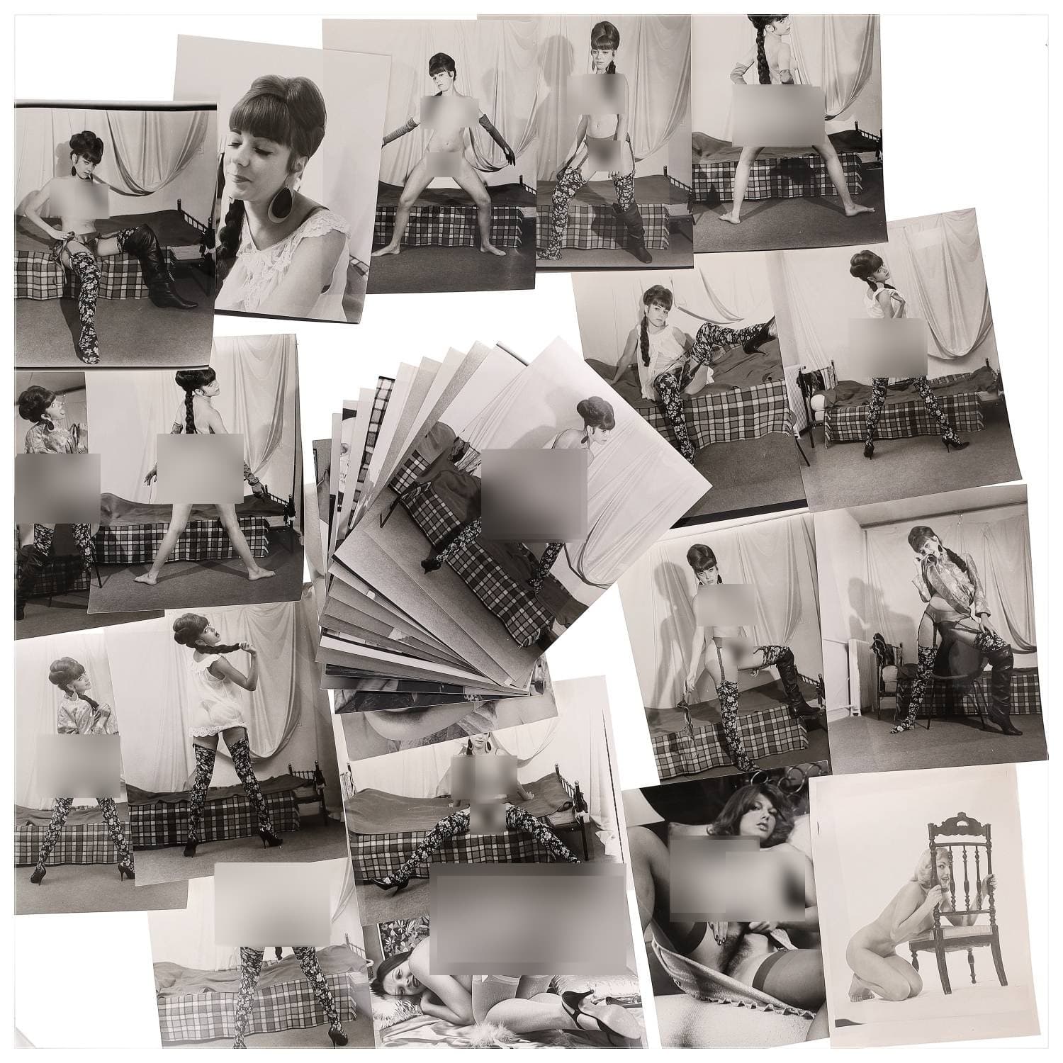 Erotica, étude de nu, photographies érotiques, pornographiques et divers. Circa 1950-70’s. Ensemble d’une trentaine de tirages argentiques. Exemples de sujets : femmes nues, dénudées, sexe féminin, fessier, poitrine, macrophotographies, etc. Sur certains versos, annotations. Divers états (dont gondolements ou encore traces) et formats entiers moyens environ 24 x 18 cm.