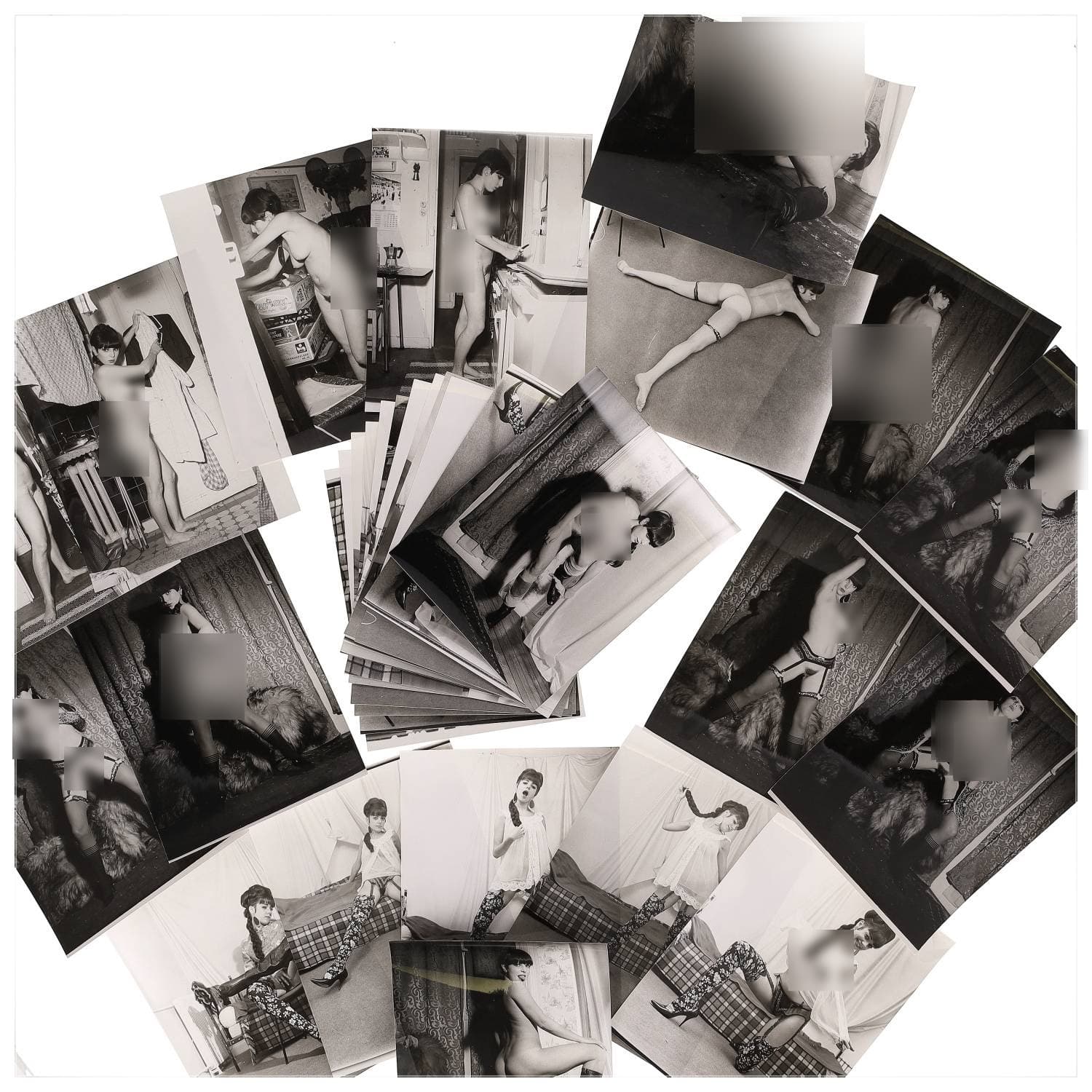 Erotica, étude de nu, photographies érotiques, pornographiques et divers. Circa 1950-70’s. Ensemble d’une trentaine de tirages argentiques. Exemples de sujets : femmes nues, dénudées, sexe féminin, fessier, poitrine, macrophotographies, etc. Sur certains versos, annotations. Divers états (dont gondolements ou encore traces) et formats entiers moyens environ 24 x 18 cm.
