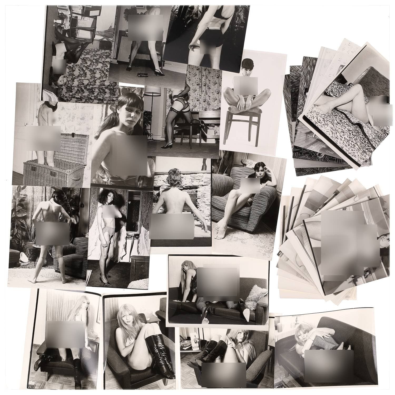 Erotica, étude de nu, photographies érotiques, pornographiques et divers. Circa 1950-70’s. Ensemble d’une trentaine de tirages argentiques. Exemples de sujets : femmes nues, dénudées, sexe féminin, fessier, poitrine, macrophotographies, etc. Sur certains versos, annotations. Divers états (dont gondolements ou encore traces) et formats entiers moyens environ 24 x 18 cm.