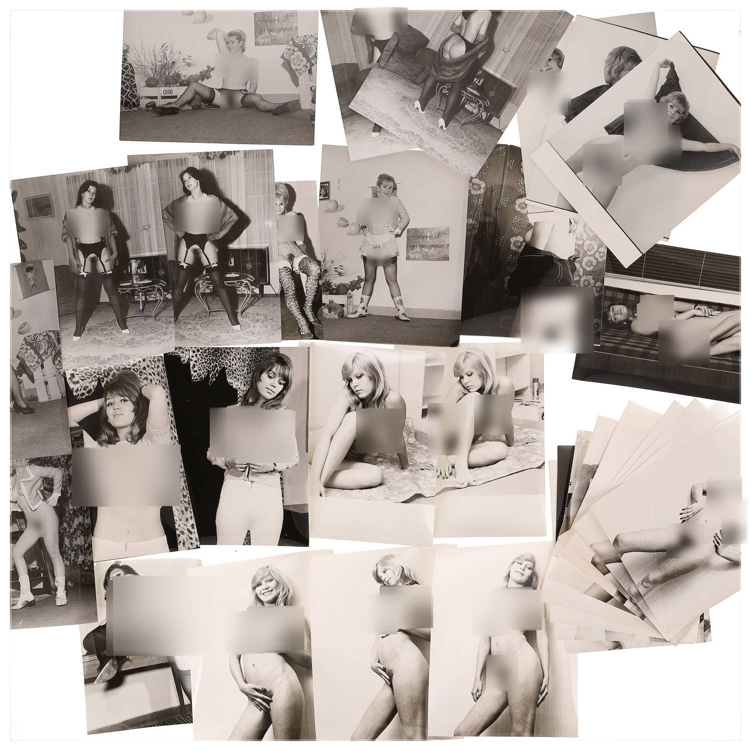 Erotica, étude de nu, photographies érotiques, pornographiques et divers. Circa 1950-70’s. Ensemble d’une trentaine de tirages argentiques. Exemples de sujets : femmes nues, dénudées, sexe féminin, fessier, poitrine, macrophotographies, etc. Sur certains versos, annotations. Divers états (dont gondolements ou encore traces) et formats entiers moyens environ de 20 x 16,5 cm à 24 x 18 cm.