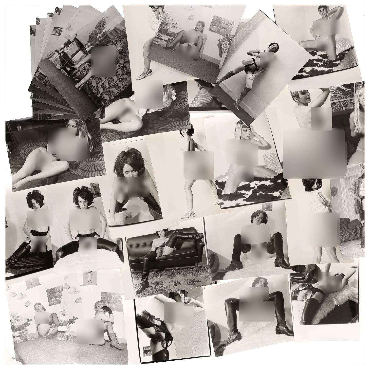 Erotica, étude de nu, photographies érotiques, pornographiques et divers. Circa 1950-70’s. Ensemble d’une trentaine de tirages argentiques. Exemples de sujets : femmes nues, dénudées, sexe féminin, fessier, poitrine, macrophotographies, etc. Sur certains versos, annotations. Divers états (dont gondolements ou encore traces) et formats entiers moyens environ de 24 x 18 cm à 25,5 x 20,5 cm.
