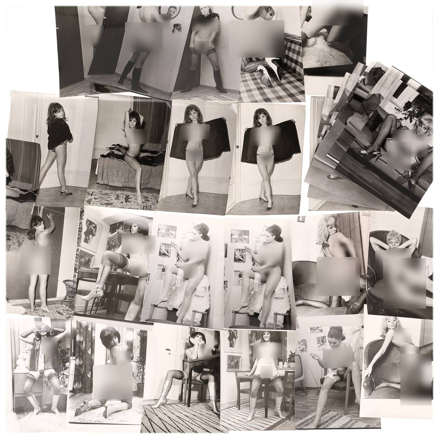 Erotica, étude de nu, photographies érotiques, pornographiques et divers. Circa 1950-70’s. Ensemble d’une trentaine de tirages argentiques. Exemples de sujets : femmes nues, dénudées, sexe féminin, fessier, poitrine, macrophotographies, etc. Sur certains versos, annotations. Divers états (dont gondolements ou encore traces) et formats entiers moyens environ 24 x 18 cm.