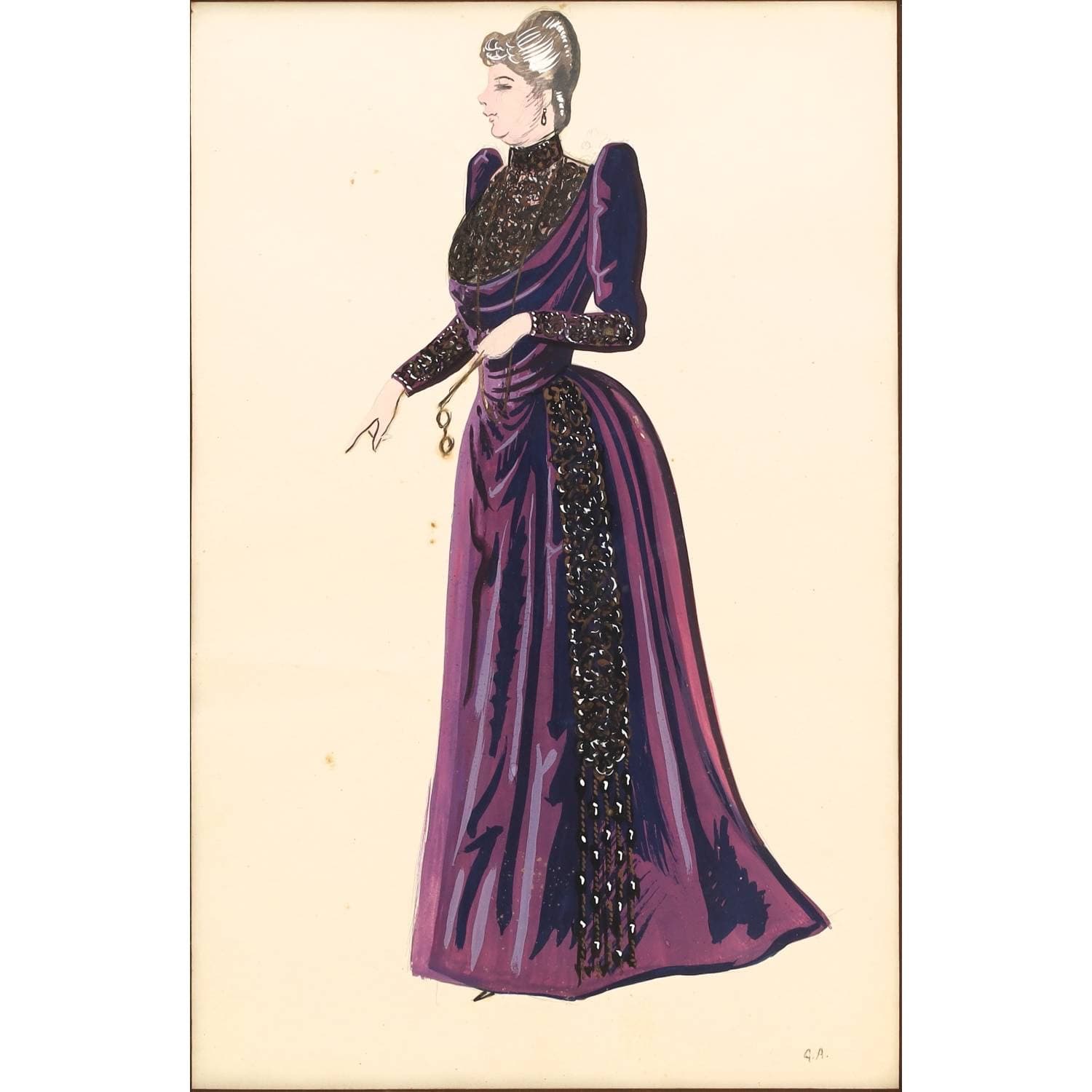 Projet de costume pour un personnage féminin, en robe violette et tenant un face à main