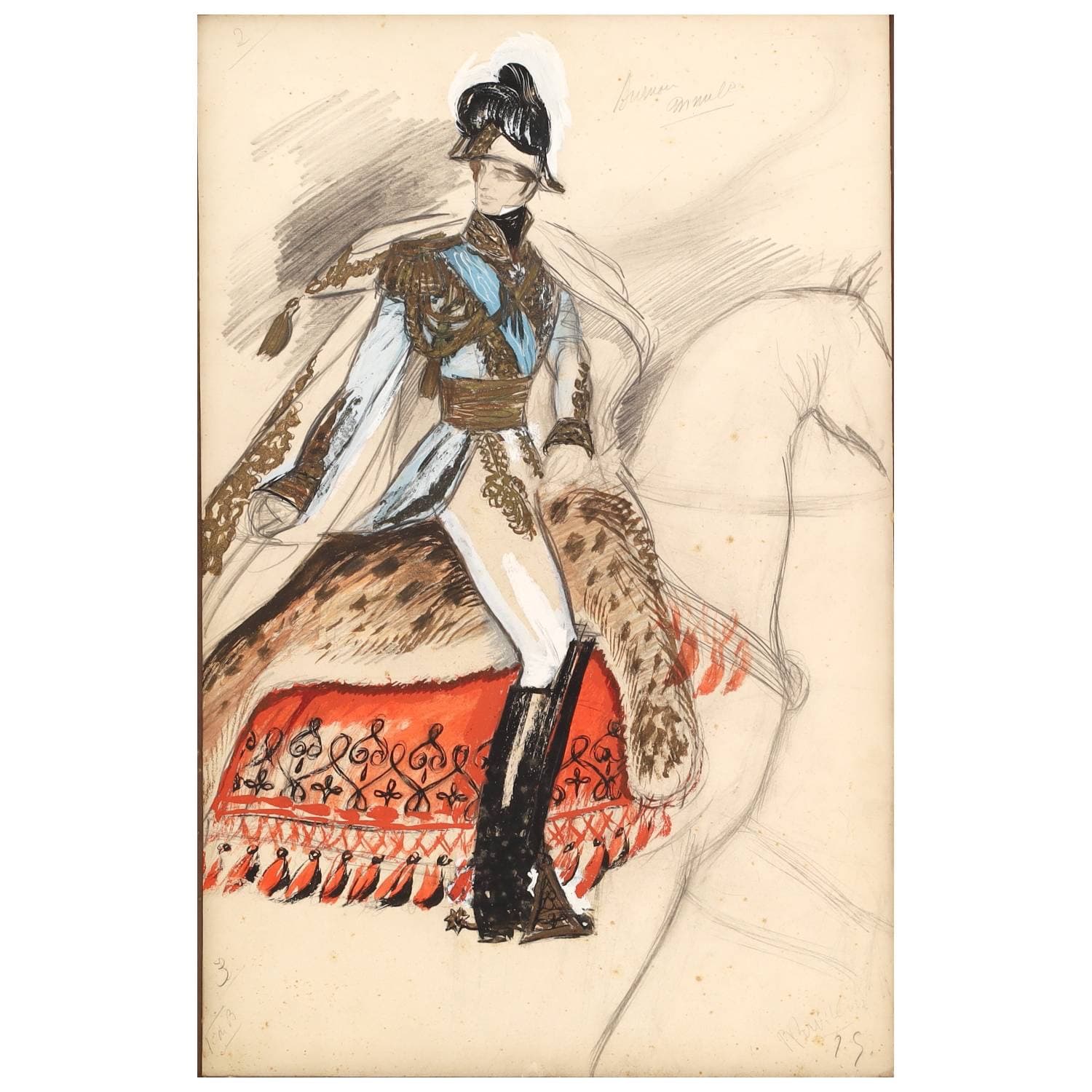 Projet de costume pour un lieutenant probablement pour le film « Lola Montes » de Max Ophüls en 1955