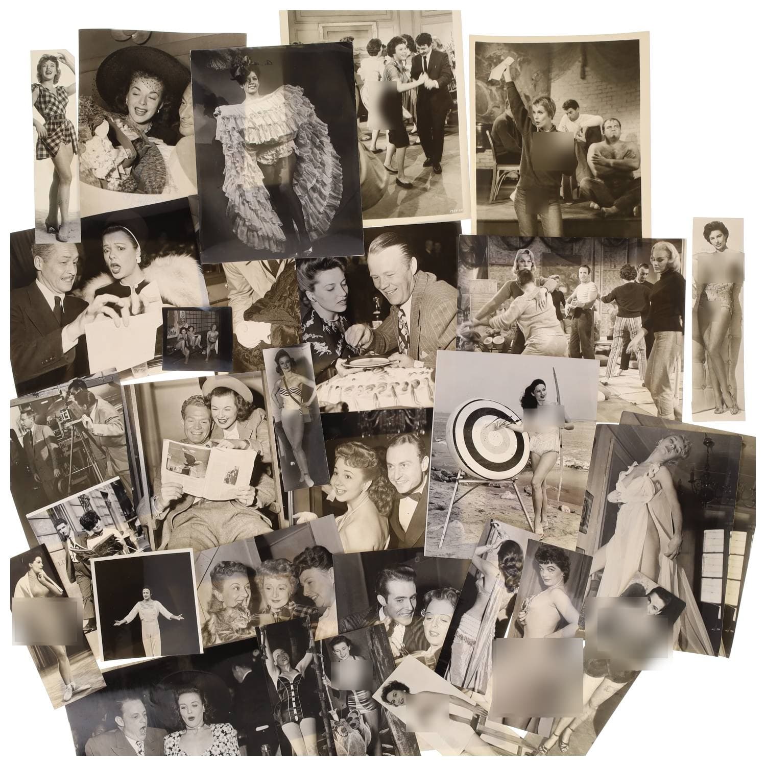 Cinéma, Hollywood, personnalités, Pin-up et divers. Circa 1950-70. Ensemble d’une trentaine de photographies, des tirages argentiques d’époque. Exemples de sujets : film « The Beat Generation » (1959), Gloria Cantrell, Odette Drillon, etc. Sur plusieurs versos, annotations manuscrites et/ou photographe. Photographes identifiés : Mario COSTA, G. DRAPIER (XXe). Formats entiers moyens environ de 7,5 x 7,5 cm, 16 x 5 cm à 26 x 20 cm. Divers états dont gondolements, taches et traces de manipulations.