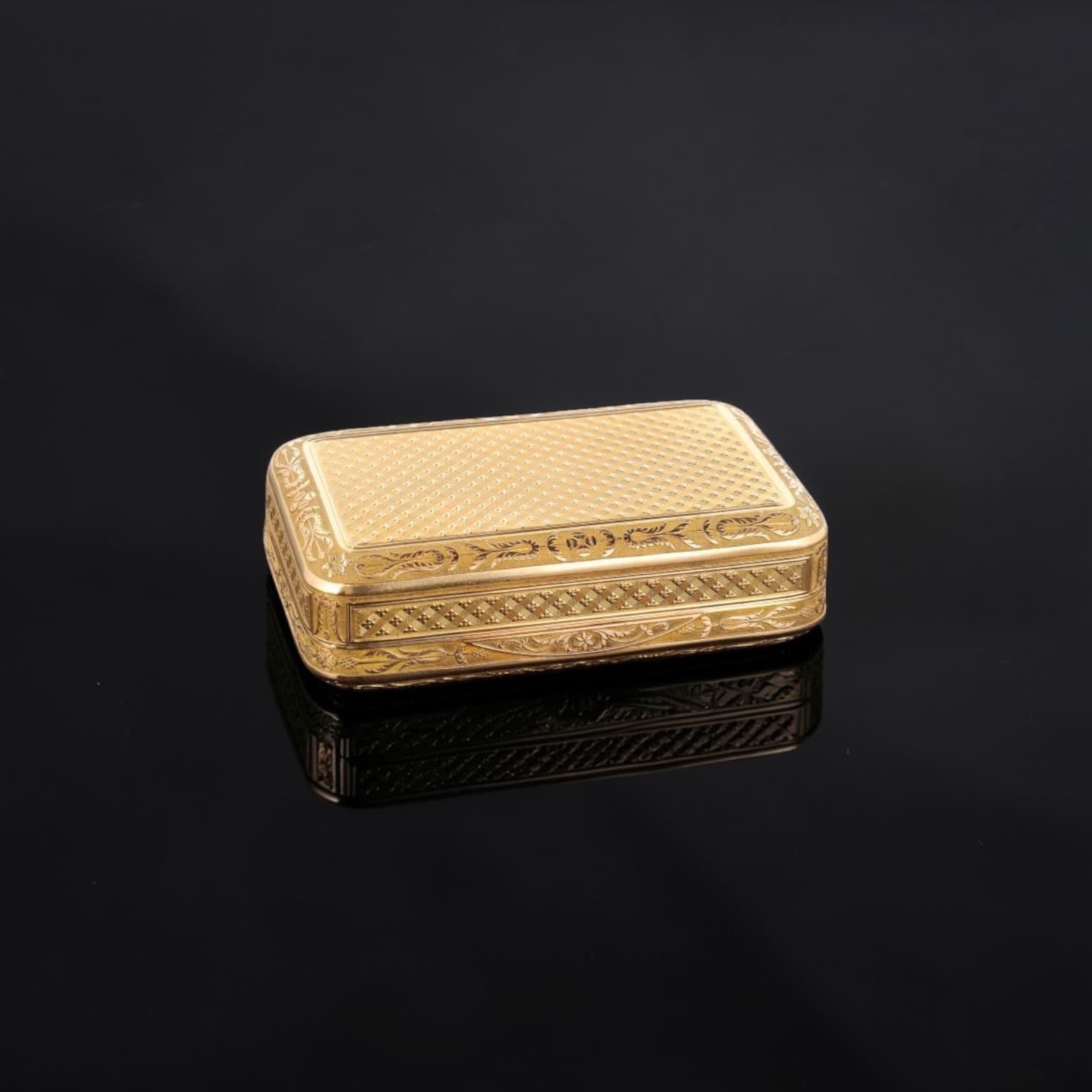Tabatière rectangulaire à angles arrondis en or (750 millièmes) à décor ciselé et guilloché d’une