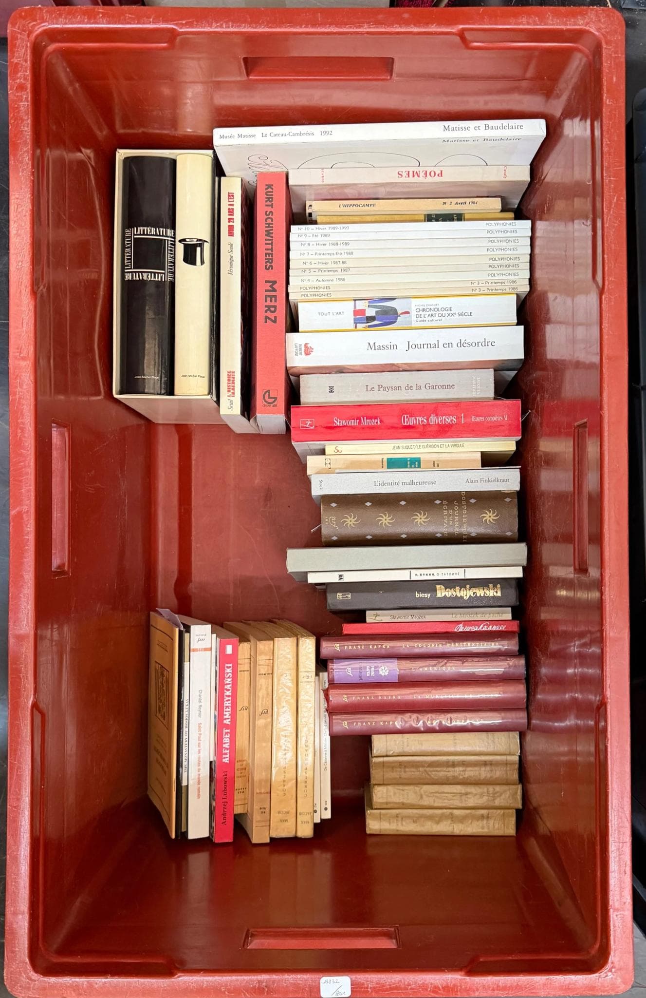 Littérature. Caisse de plusieurs livres de formats variés, principalement des éditions brochées et quelques reliures cartonnées, incluant notamment 'Massin Journal en désordre', 'Kurt Schwitters Merz', 'Matisse et Baudelaire', 'Le Paysan de la Garonne', 'Liberté malheureuse', 'Dostoïevski', ainsi que divers volumes de poésie et d'essais littéraires.