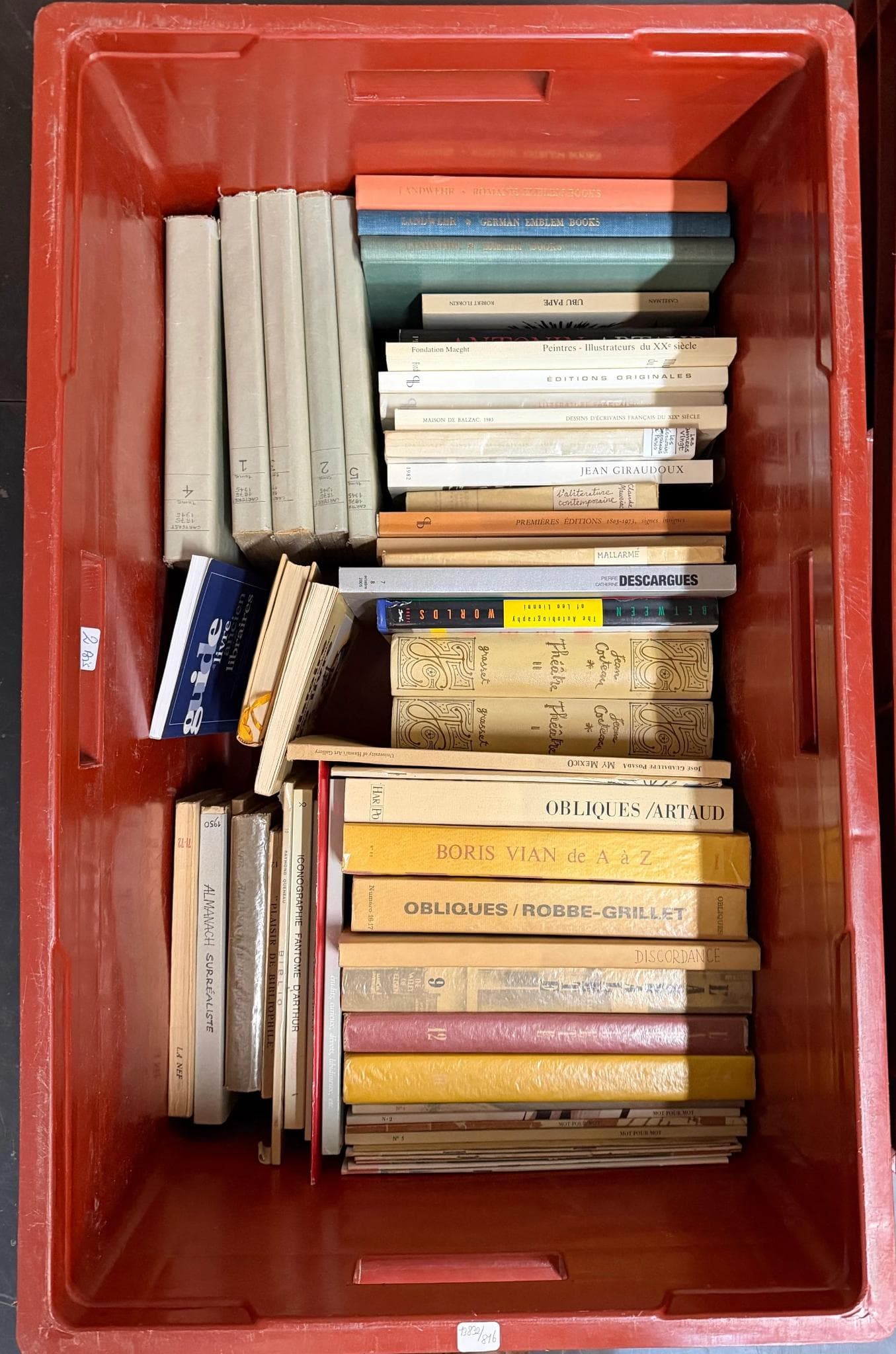 Romans. Caisse de livres de littérature, titres visibles : Obliques/Artaud, Boris Vian de A à Z, Obliques/Robbe-Grillet, Descartes, Jean Giraudoux, formats variés, brochés et cartonnés, certains volumes en jaquette, ensemble hétérogène.