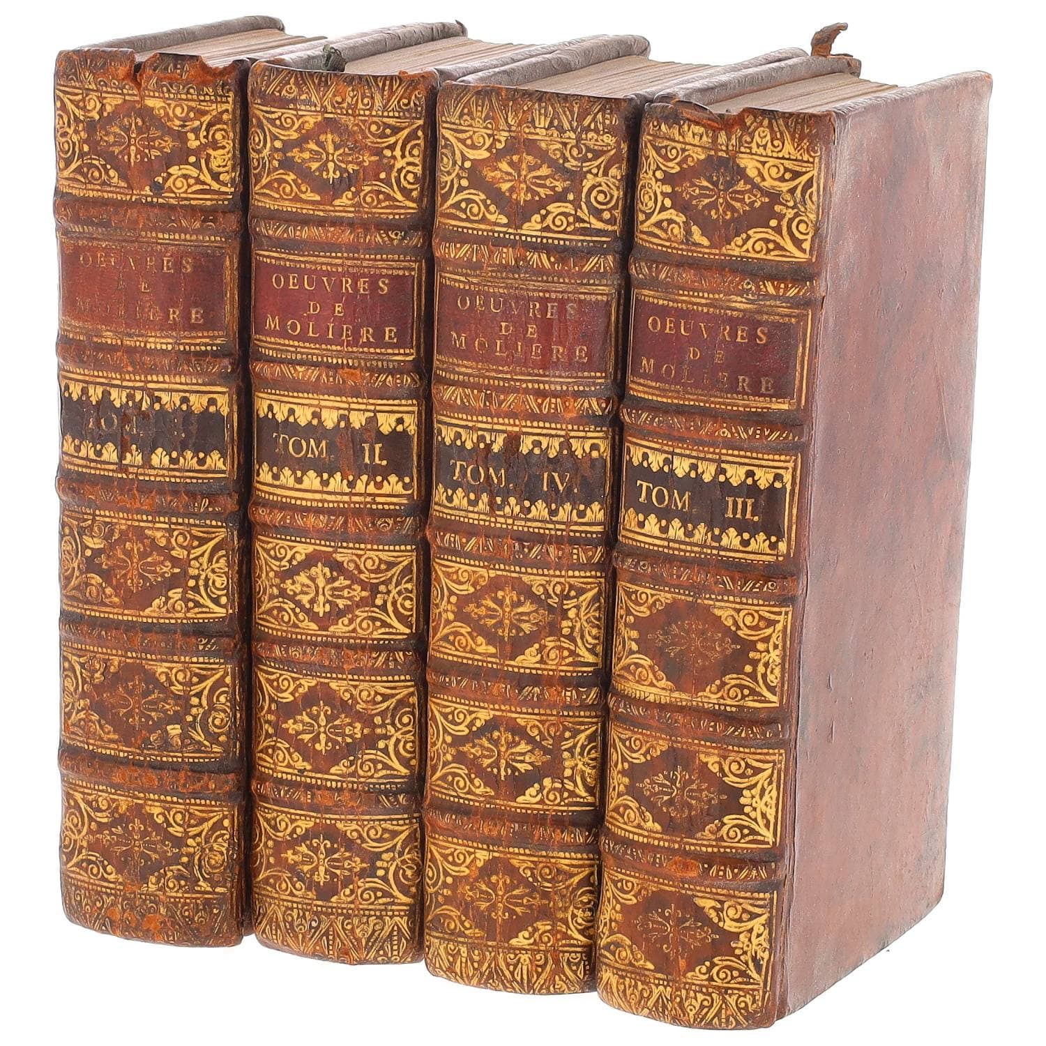 MOLIERE
Les Oeuvres. Nouvelle édition, revue, corrigée & augmentée d'une Nouvelle Vie de l'Auteur, & de la Princesse d'Elide Ornée de très belles figures gravées d'après celles de l'édition de Paris in-4. Amsterdam, Arkstée & Merkus, 1744. 4 vol. petit in-12, dos ornés et pièces de titre
